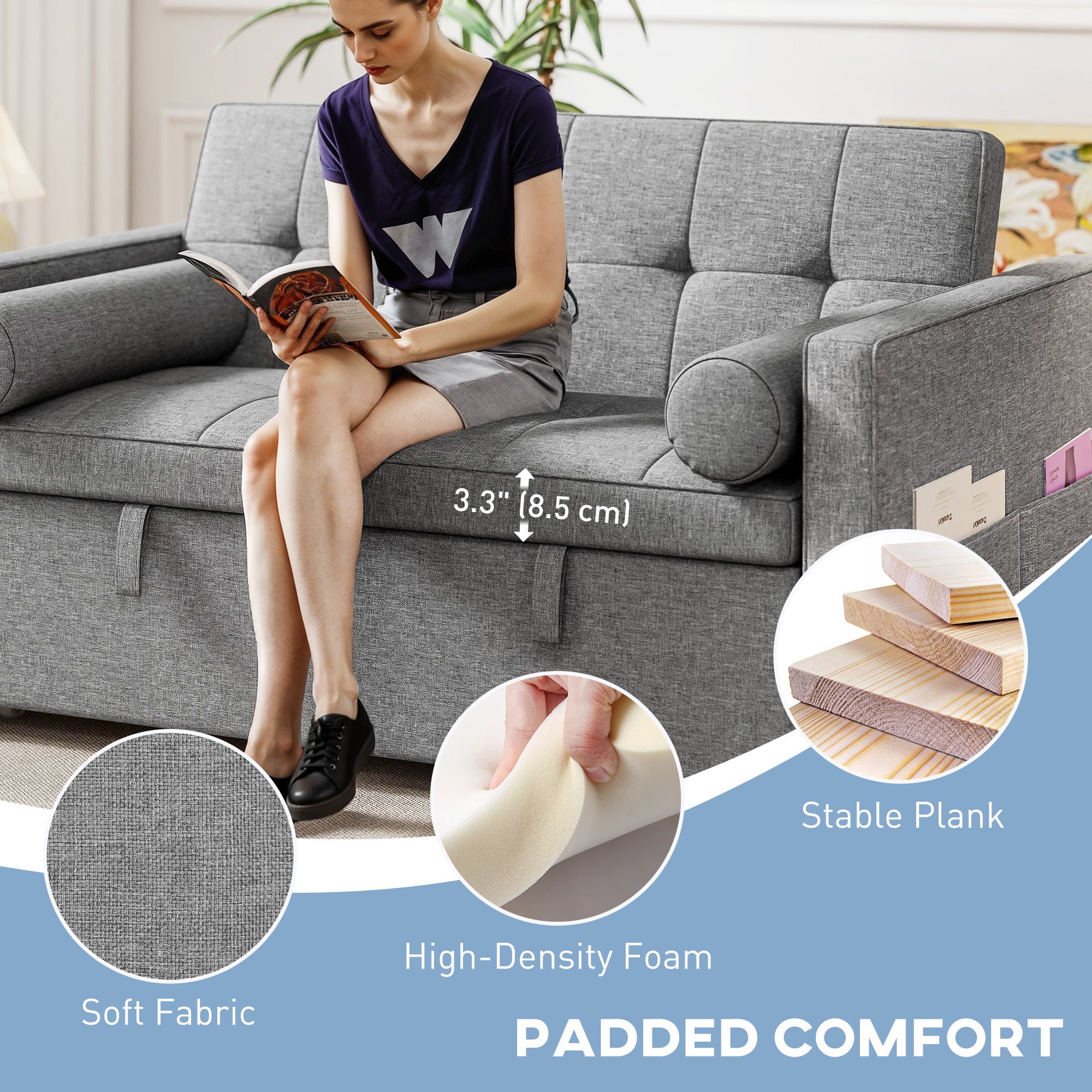 Pull Out Sofa Bed with USB Ports Grey 54"-DECOROLALA