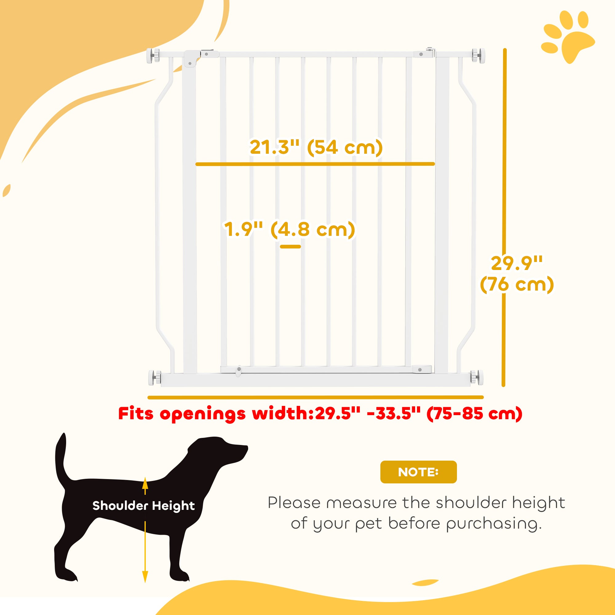 Barrière pour animaux de compagnie de 30 à 34 po, installation facile, avec porte et double système de verrouillage, barrière extra-large pour chiens pour escaliers et couloirs, blanche