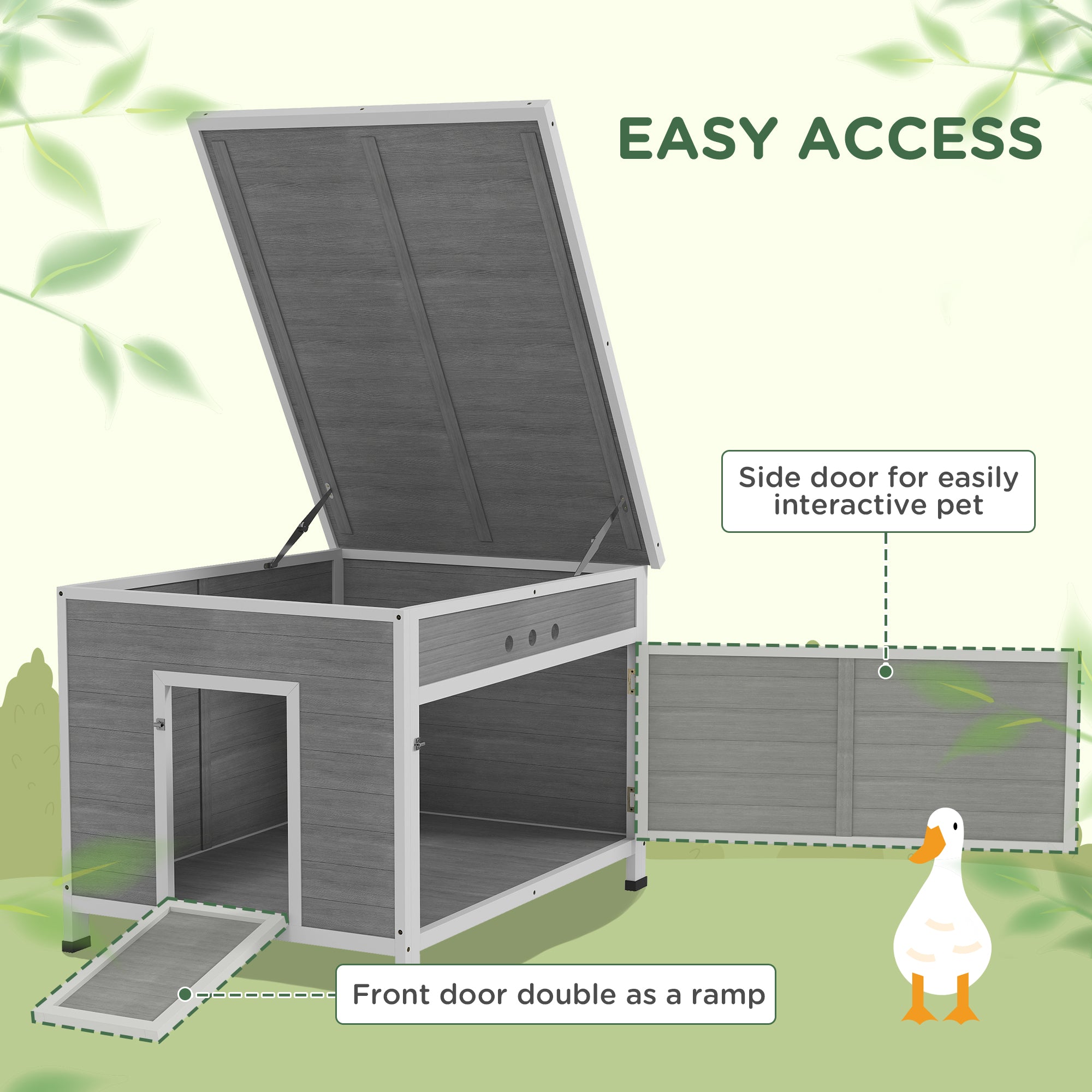 Duck Coop, Wooden Chicken House Rabbit Hutch with Openable Roof, Removable Floor, Double Doors, Ramp, Grey