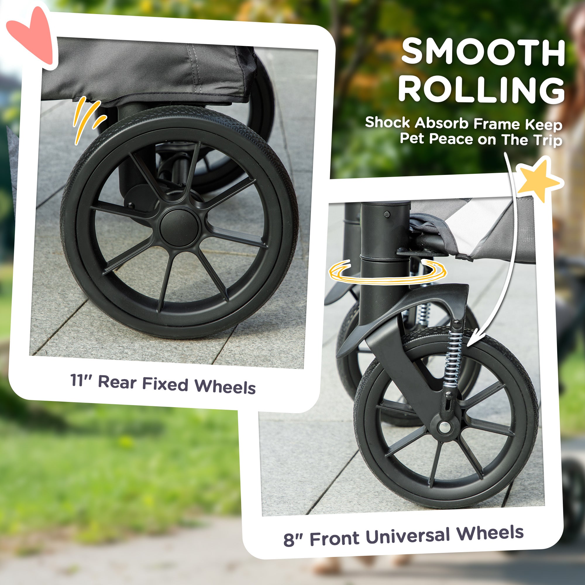 Foldable Pet Stroller for Medium Dogs with Four Big Wheels, Shock-Absorbing Frame, Safety Leashes, Brakes, Dark Grey