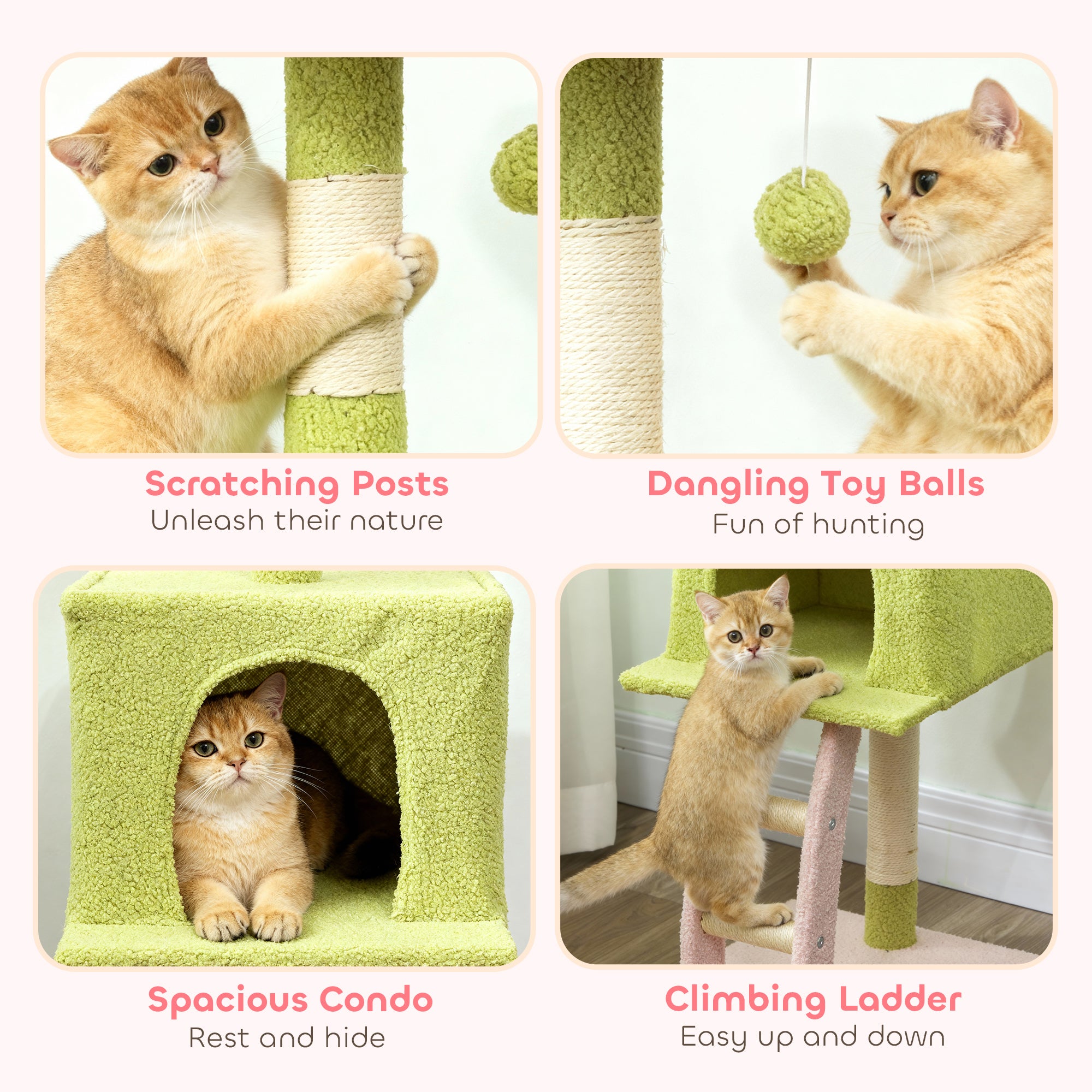 48" Flower Cat Tree with Scratching Post, Cozy Bed, Condo, Climbing Ladder, Perch, Dangling Ball, Green