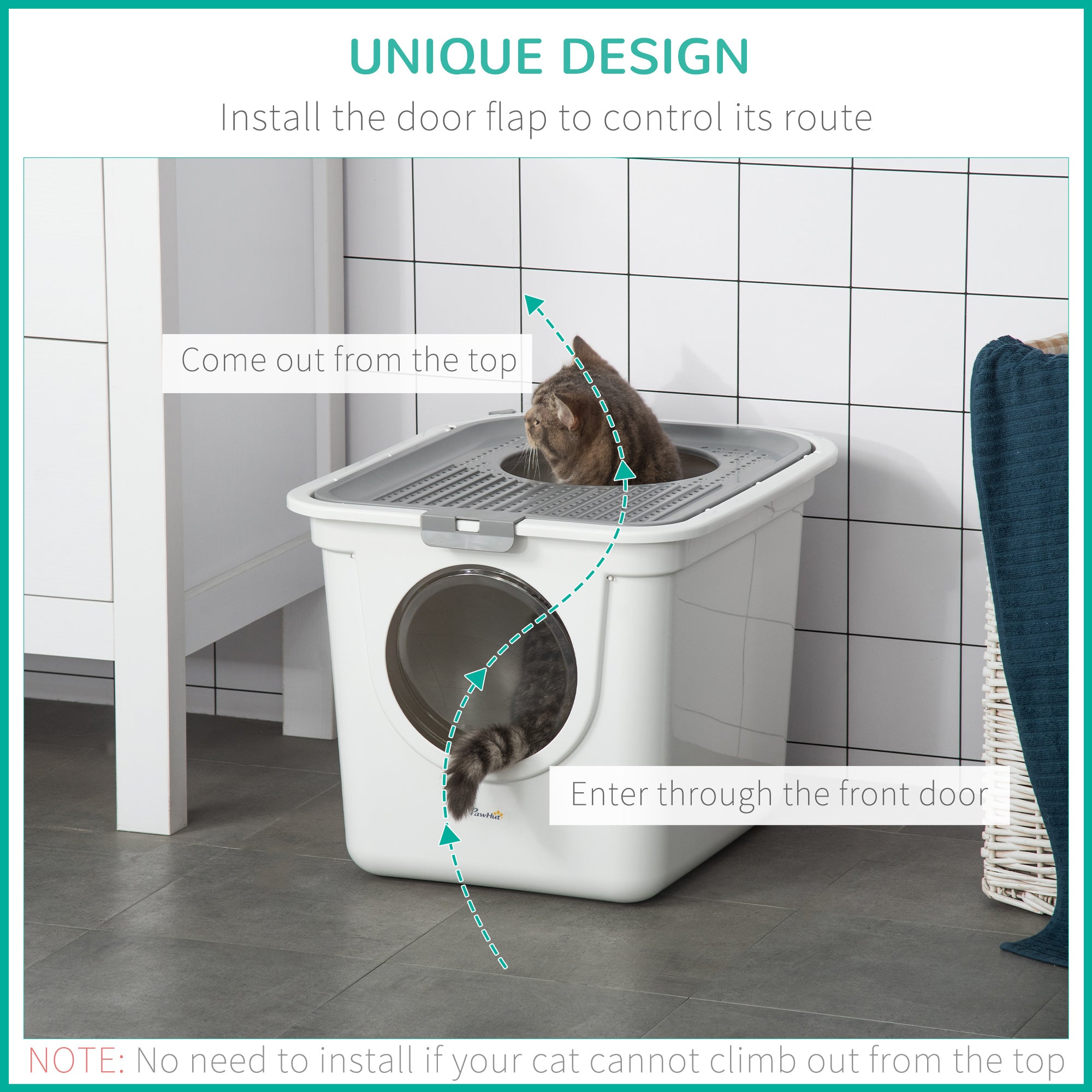 Bac à litière fermé pour chat, nettoyage facile, avec entrée avant, sortie supérieure et pelle, blanc