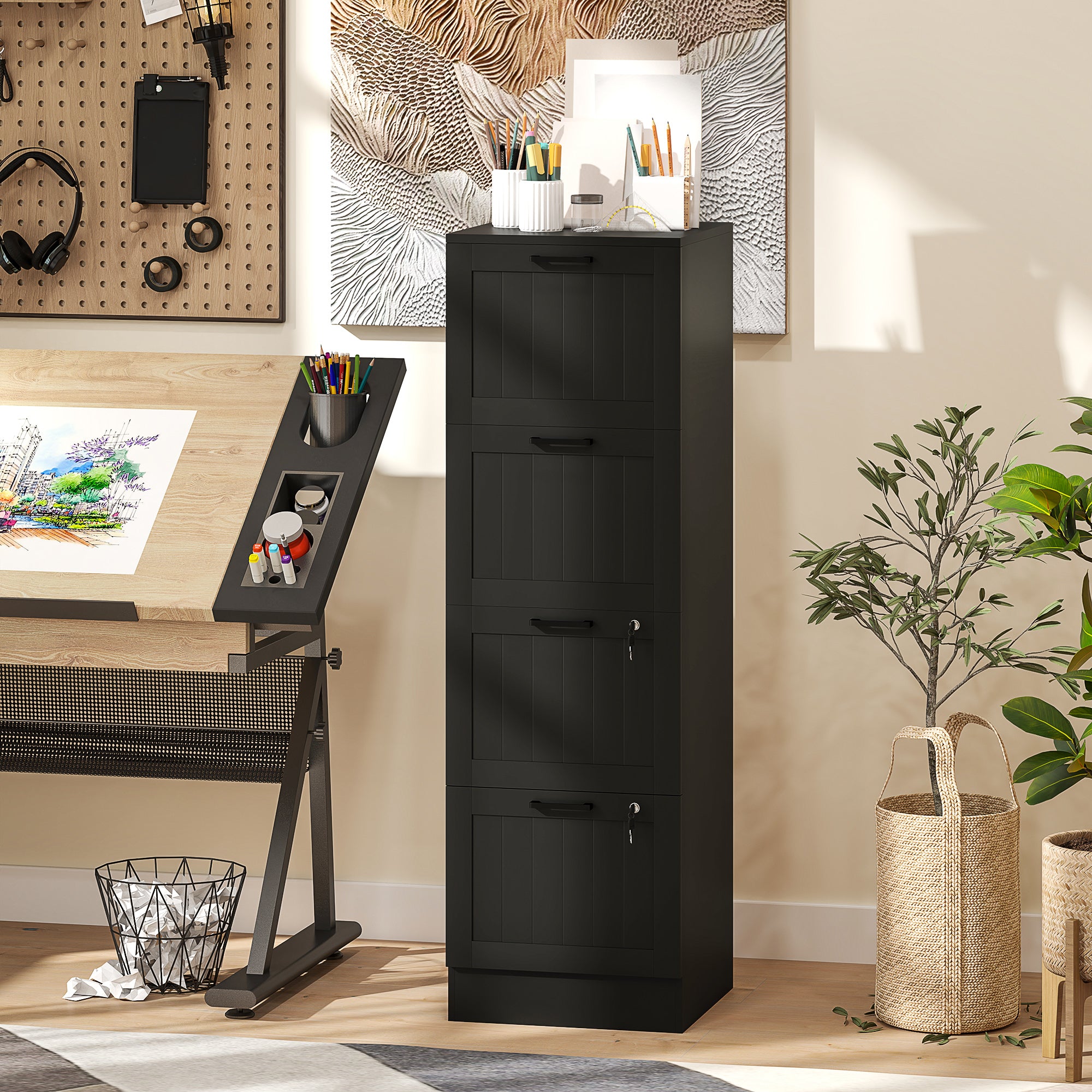 4-Drawer Locking Filing Cabinet - Black MDF 52" H