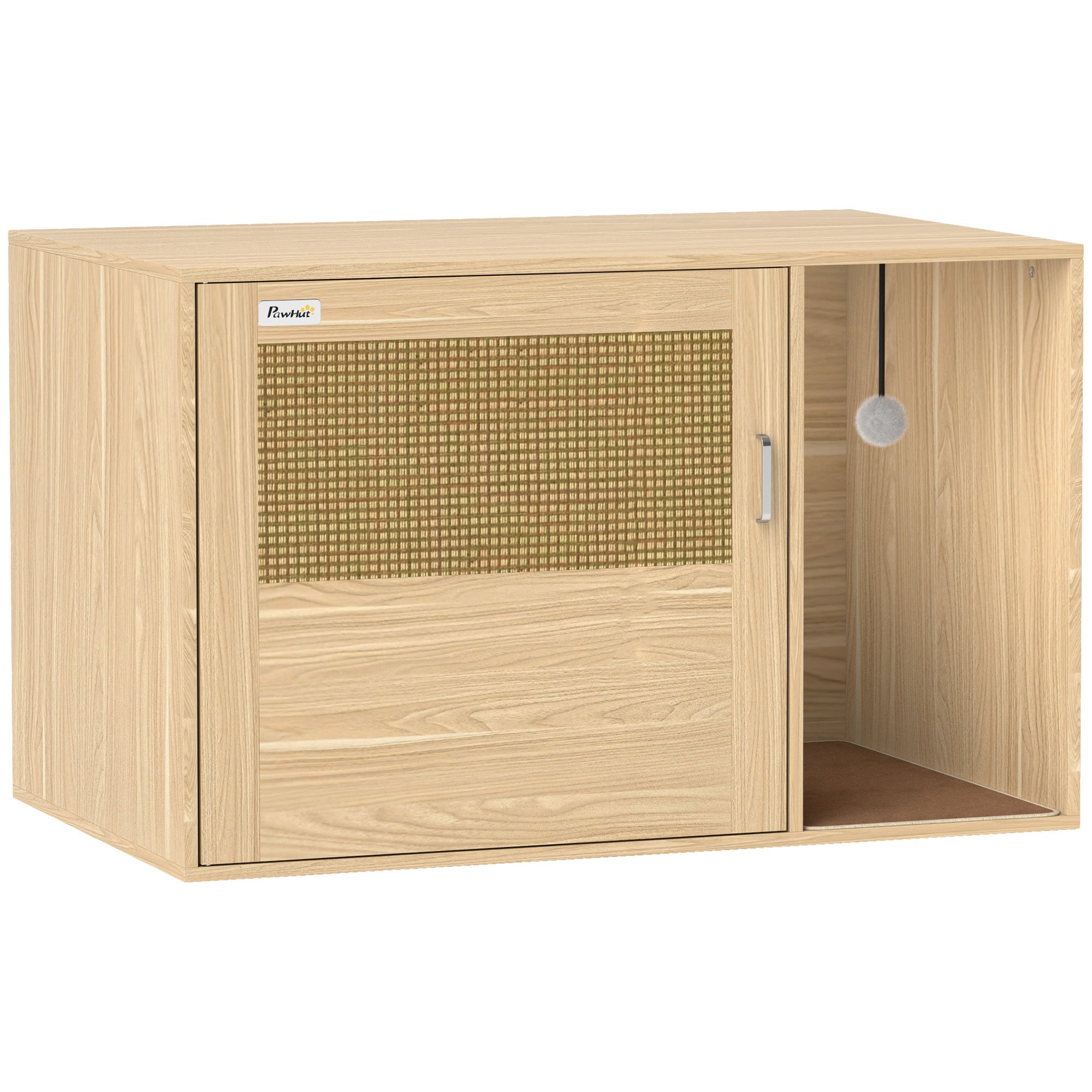 Cat Litter Box Enclosure, Cat Washroom End Side Table with Rattan Door, Scratching Pad, Non-slip Foot Pads, Oak