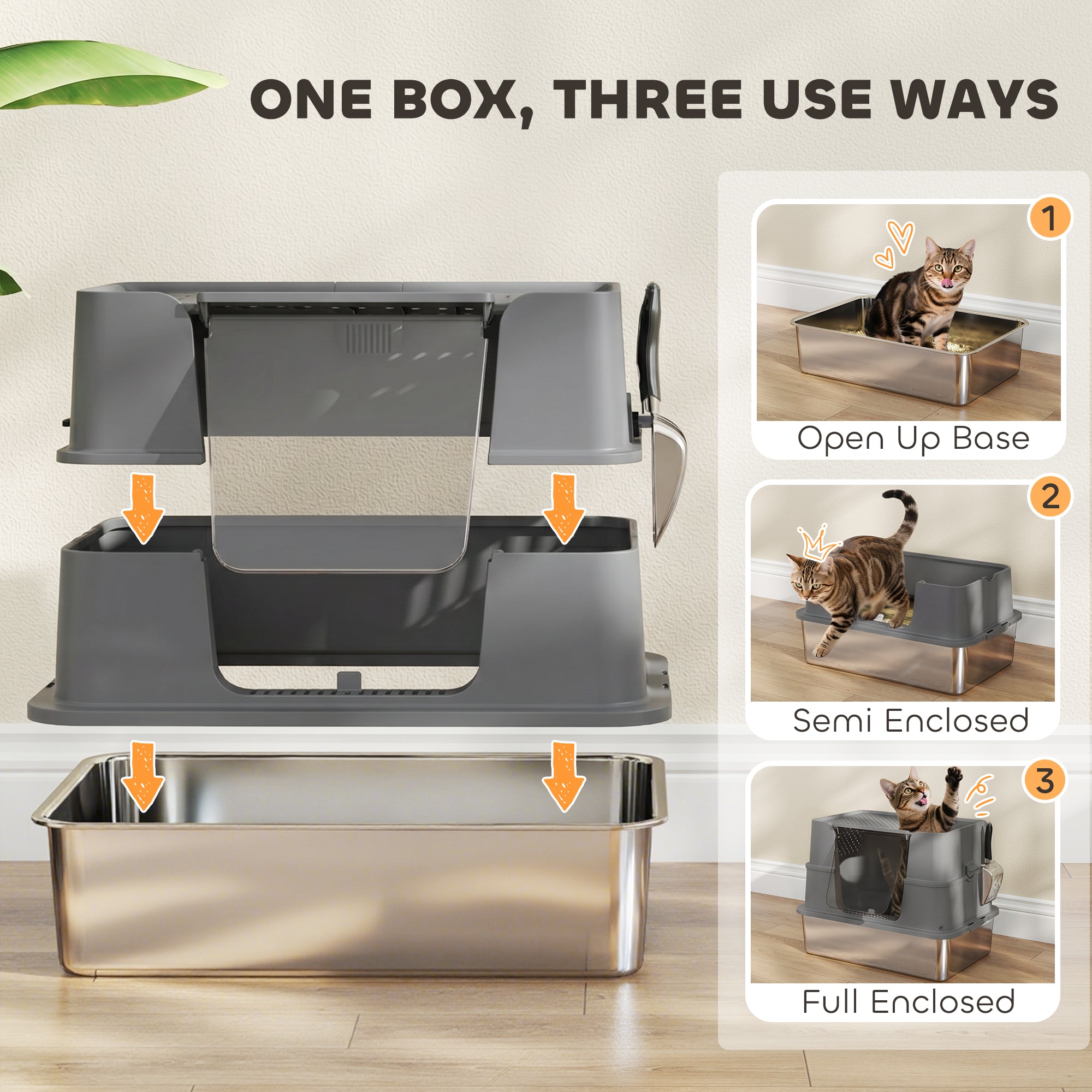 XL Stainless Steel Litter Box w/ 100° Flip Top, Scoop, Side Top Dual Entry, Odor Free, Easy Cleaning, Anti Leakage