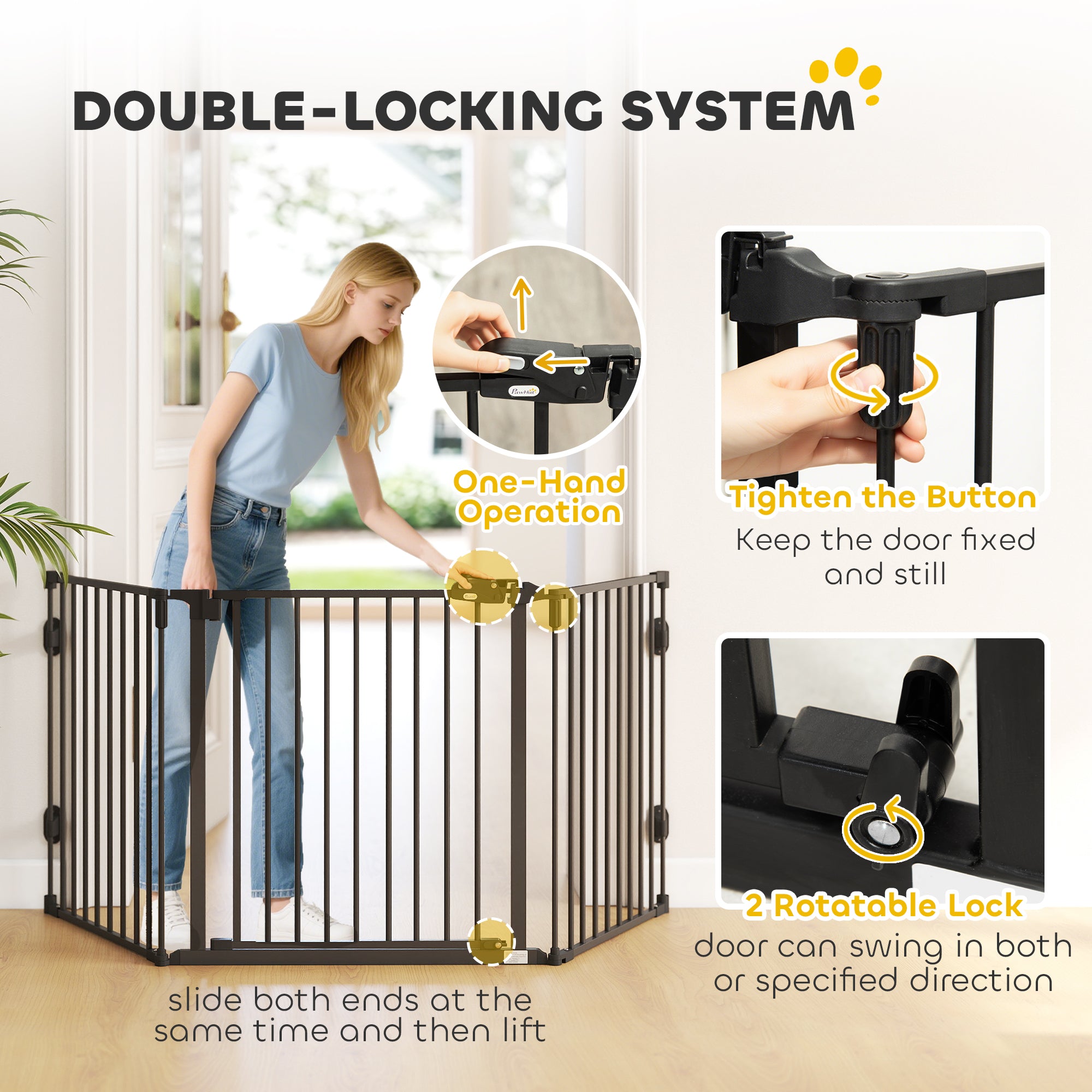 Barrière pliable pour chien avec portillon, barrière métallique pour animaux à 3 panneaux pour escaliers, passages de porte et cheminées, fermeture automatique, noire