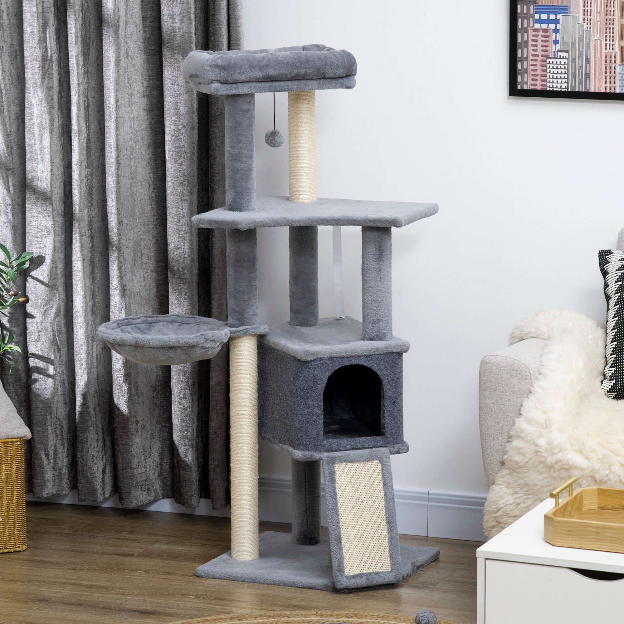 50 Inch Cat Tree, Multi-Level Cat Tower with Sisal Scratching Posts and Ramp, Bed, Condo, Hammock, Toy Ball, Grey