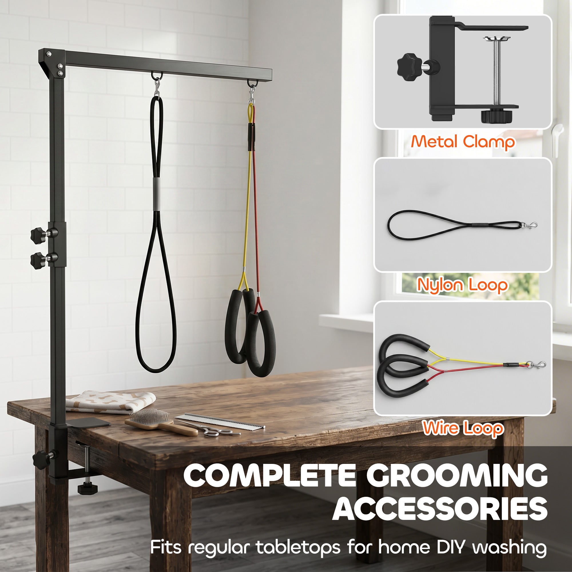 Dog Grooming Arm with Clamp Adjustable Foldable Dog Grooming 2 Loop Noose Small Medium Dogs 18.9" -32.3" Black