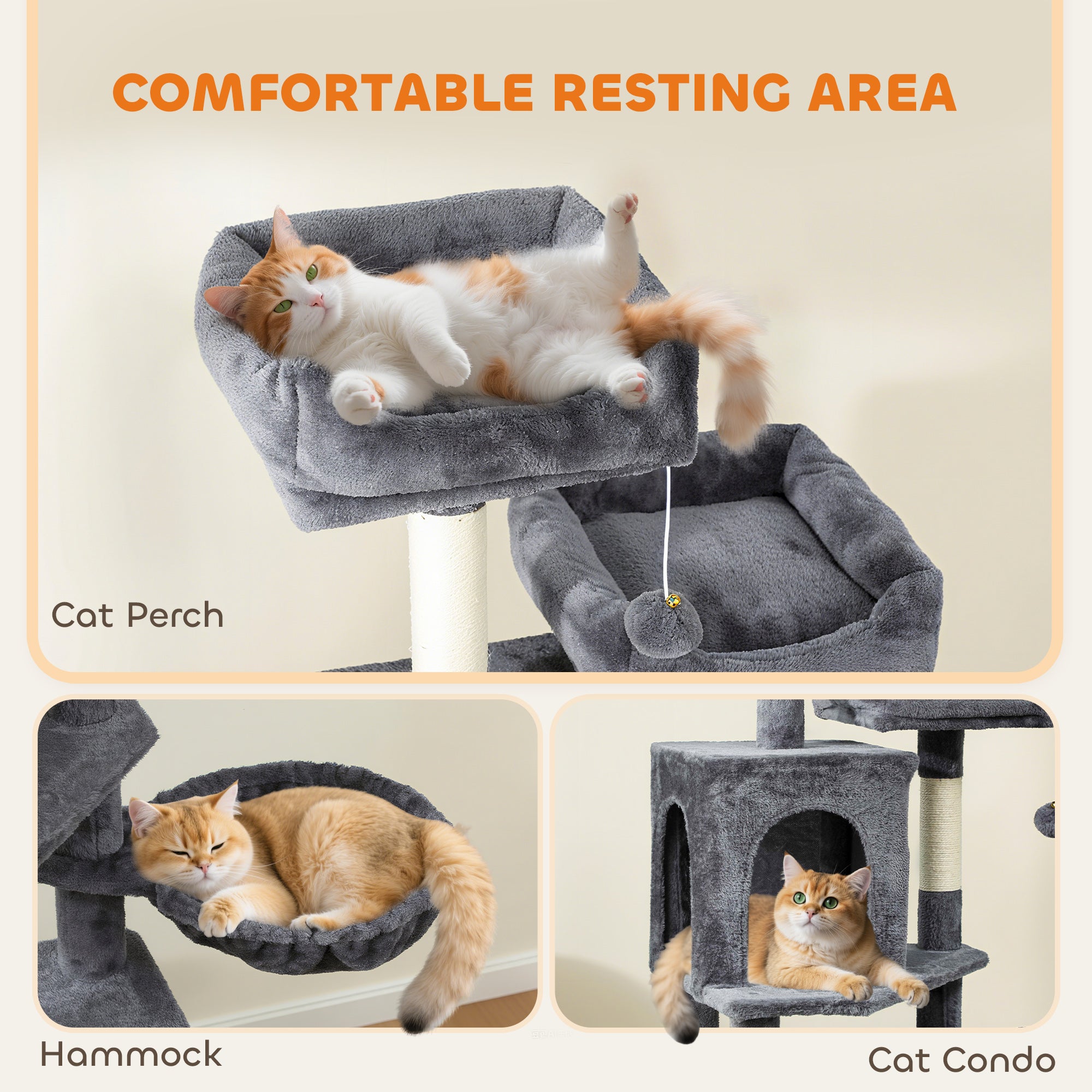 Cat Tree, 70" Multi-Level Cat Tower with 2 Condos, 2 Perches, Hammock, Toy Balls, Scratching Posts and Board, Dark Grey