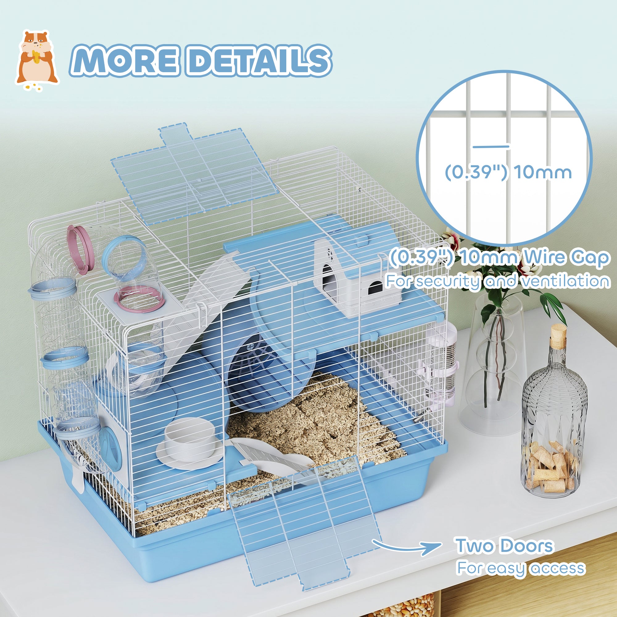 Hamster Cage, 3-Tier Small Animal Cage with Excerise Wheel, Food Bowl, Water Bottle, House, Tunnels, Ramps