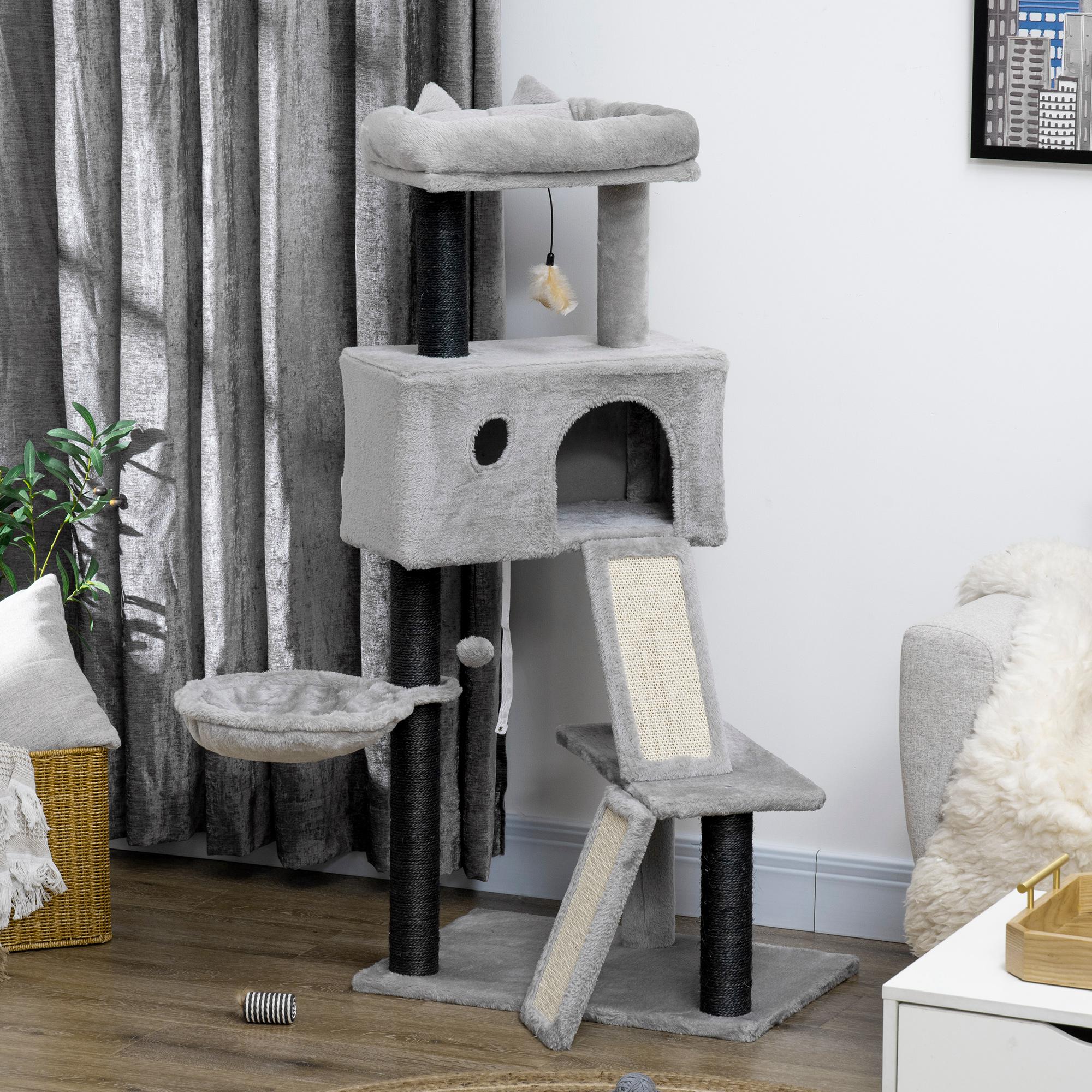47" Cat Tree for Indoor Cats, Kitty Activity Center, Cat Tower with Cat Ear Bed Ramp Condo Hammock Hanging Ball Toys Sisal Rope Scratching Post, Light Grey