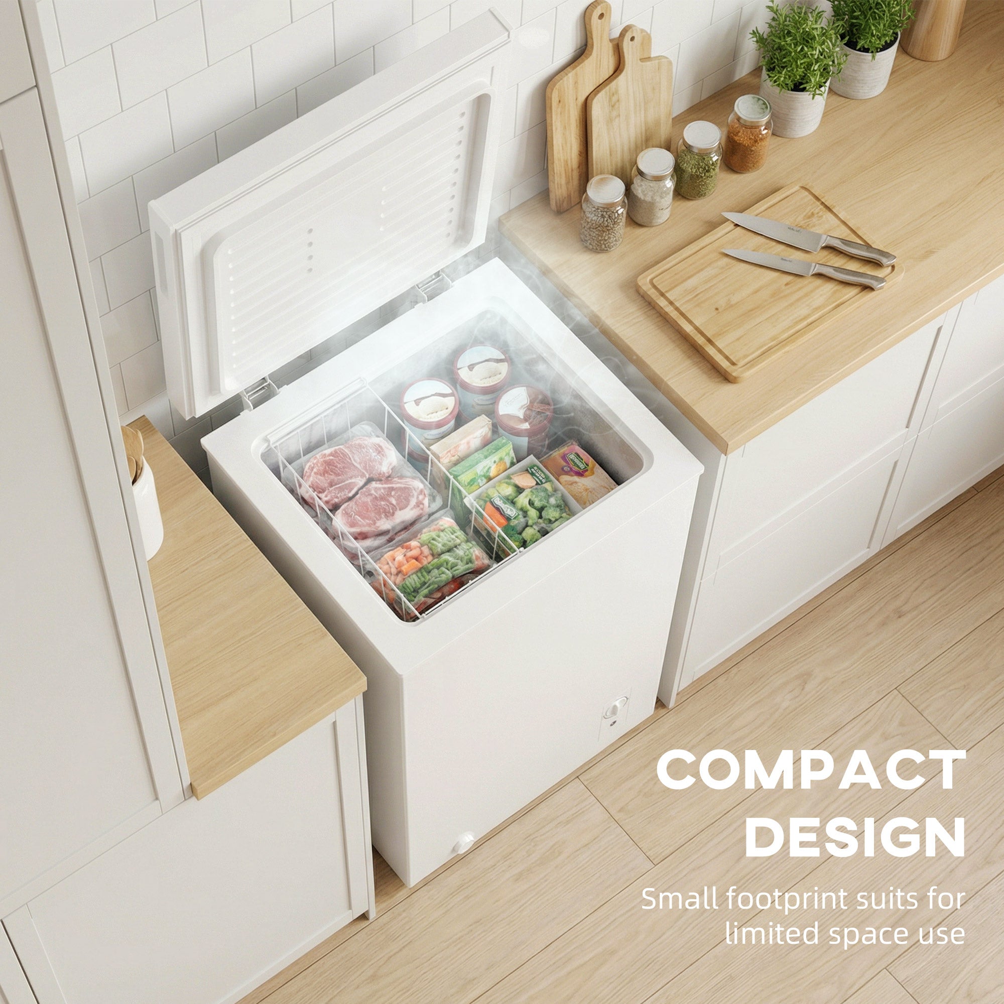 Mini-congélateur, congélateur coffre de 3,5 pi³ avec thermostat réglable à 5 positions, panier métallique, fonctionnement silencieux, blanc