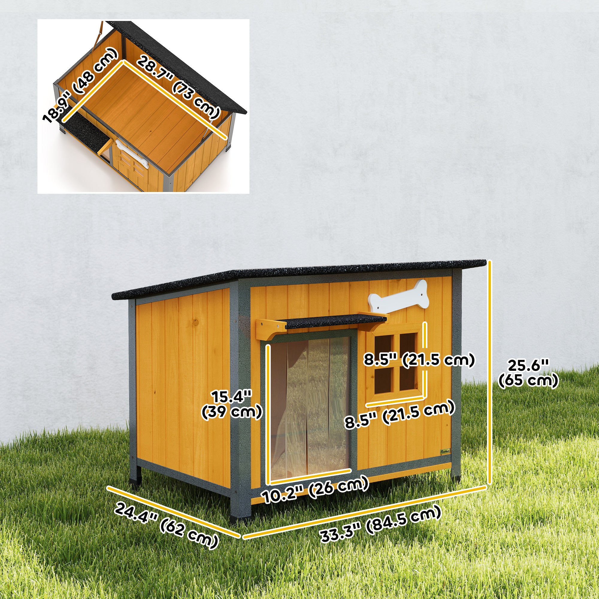 Outdoor Dog House with Anti-Chewing Steel Frame, Openable Roof, Removable Floor, Door Curtain, Yellow