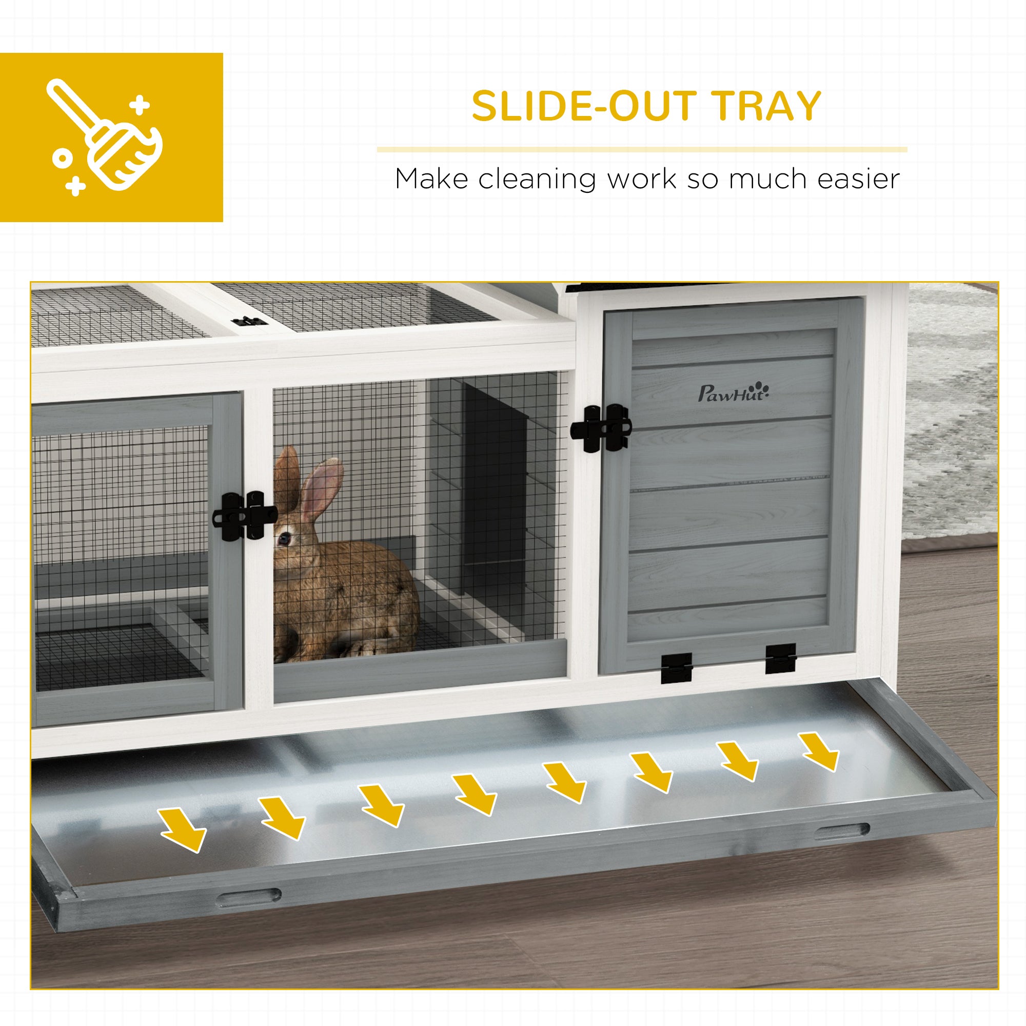Cage à lapin avec roulettes, rampe, espace d’exercice et bac, pour intérieur et extérieur, adapté aux lapins et aux cochons d’Inde, gris