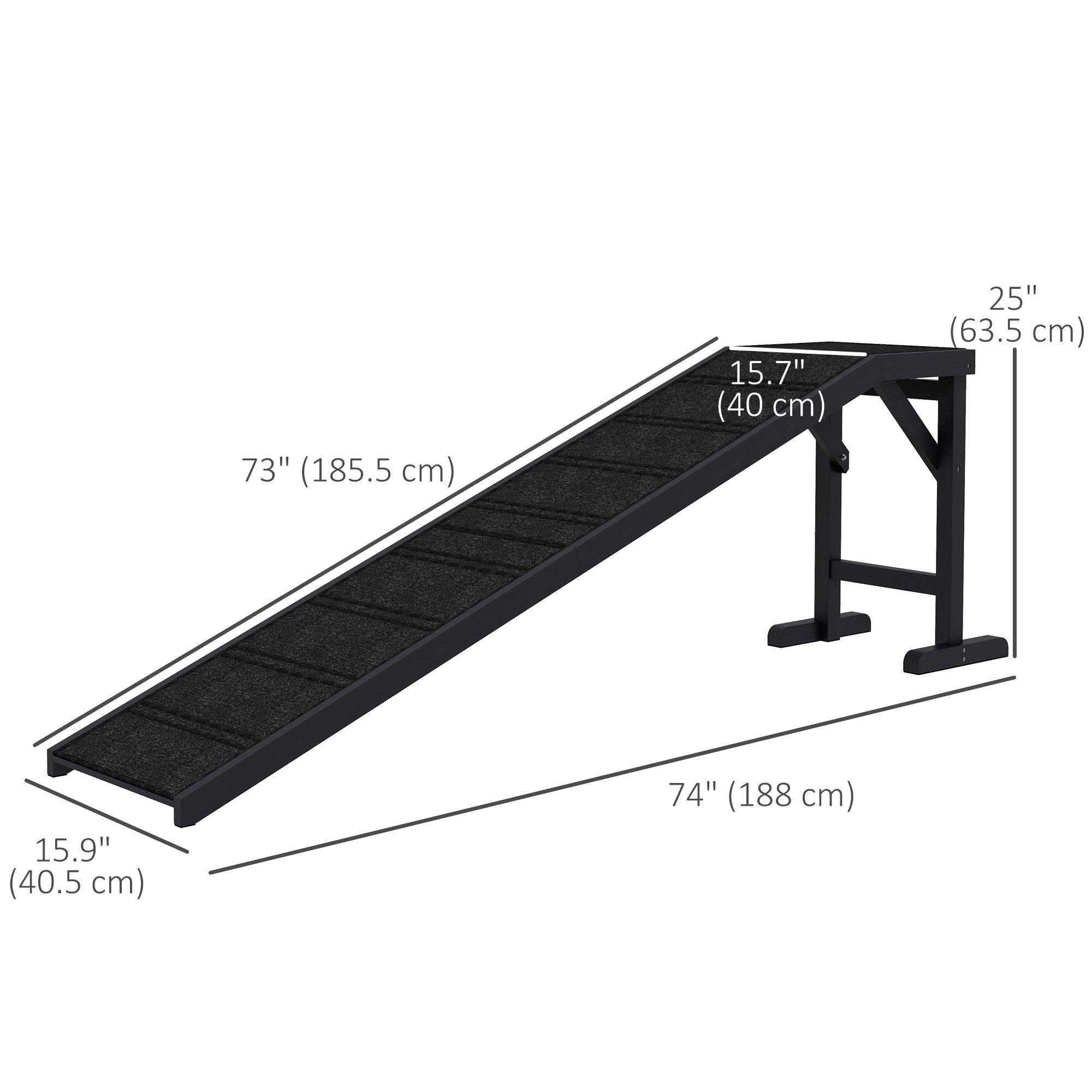 Pet Ramp Bed Steps for Dogs Cats Non-slip Carpet Top Platform Pine Wood 74"L x 16"W x 25"H Black