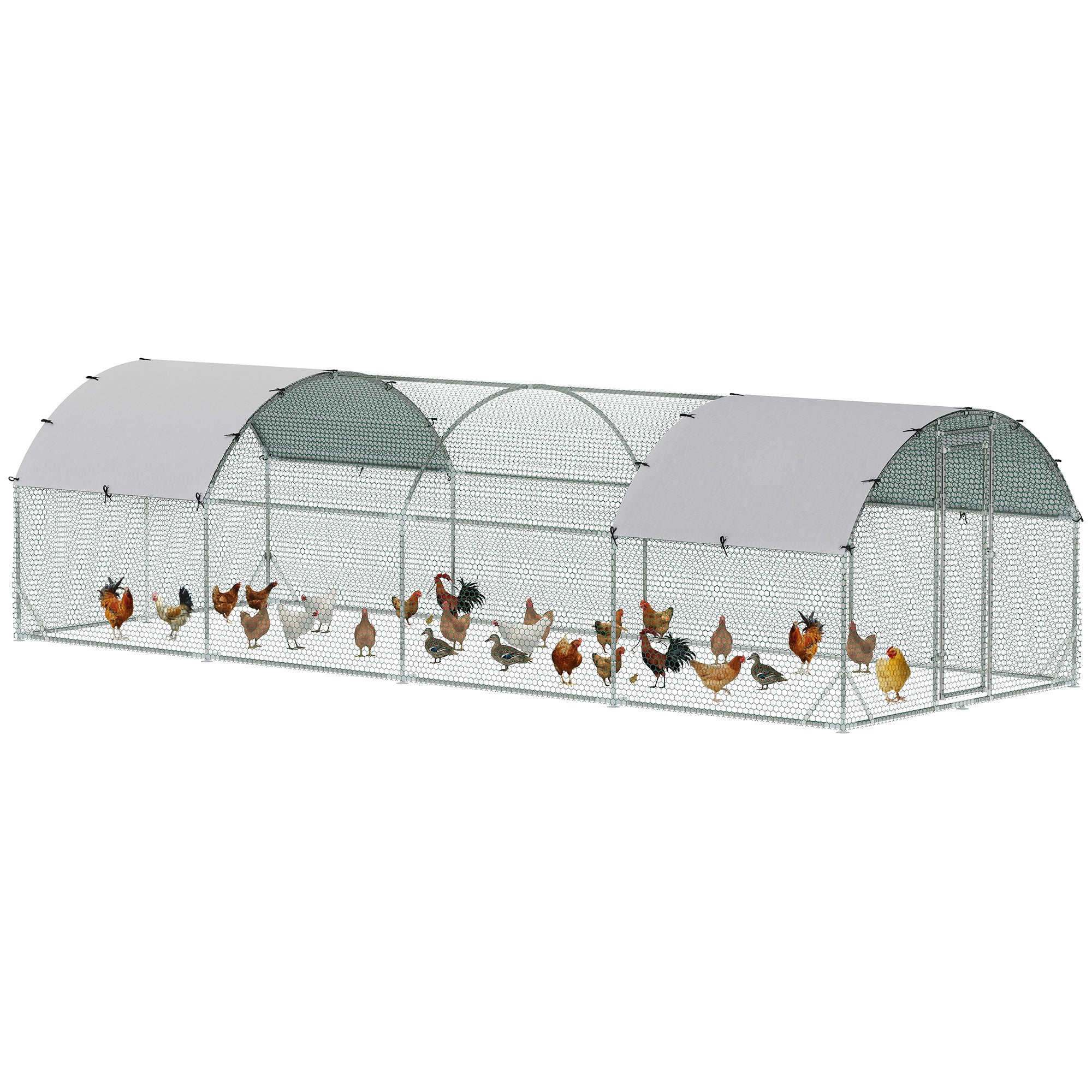 Grand poulailler-cage en métal galvanisé avec enclos accessible, parcours pour volailles, maison de jeu et clapier à lapins avec couverture pour extérieur et jardin, 9,2' x 24,9' x 6,5', argenté