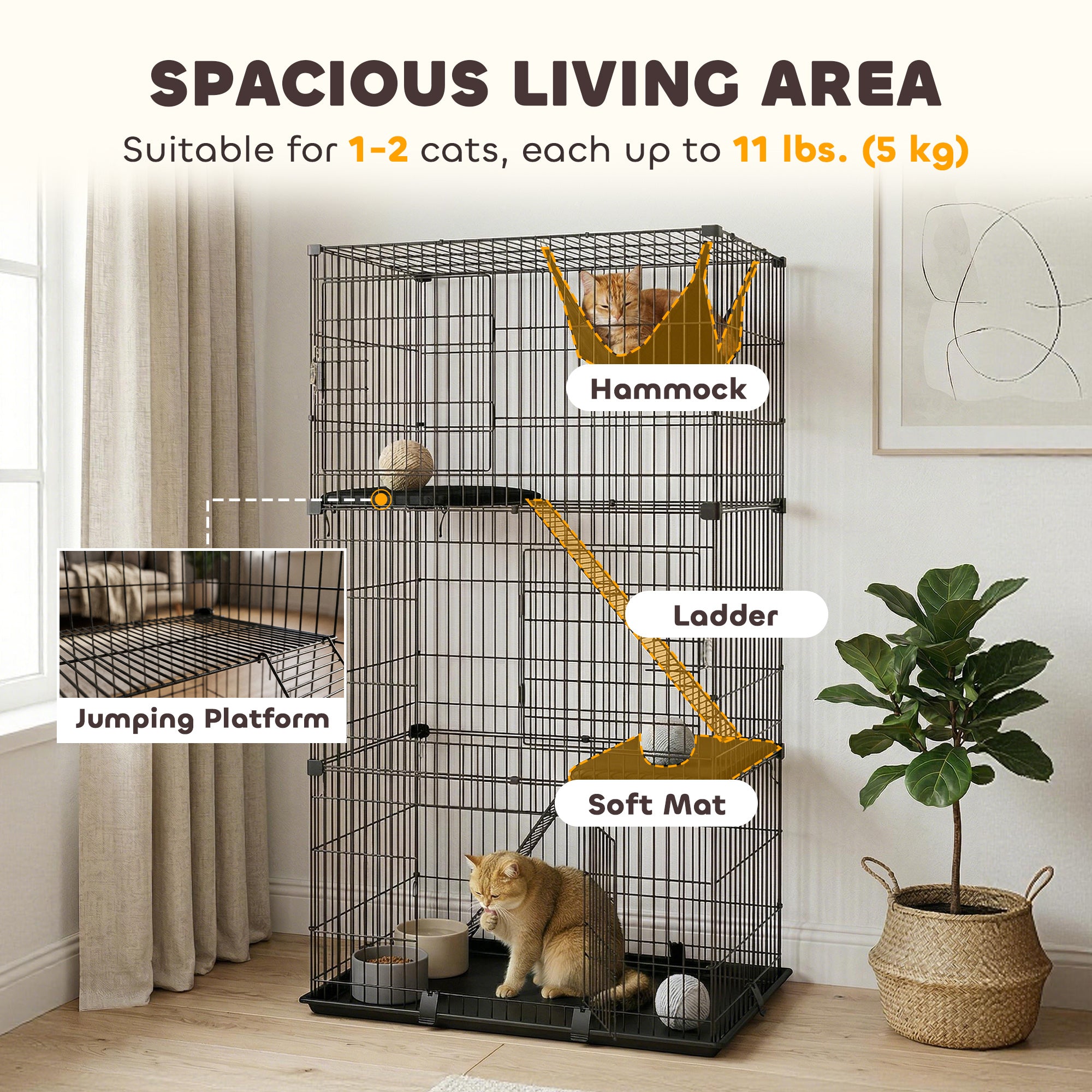 3-Tier Cat Cage Indoor, Detachable Metal Wire Kennel withwith Hammock, Platform, Tray and Cushion for 1-2 Kittens