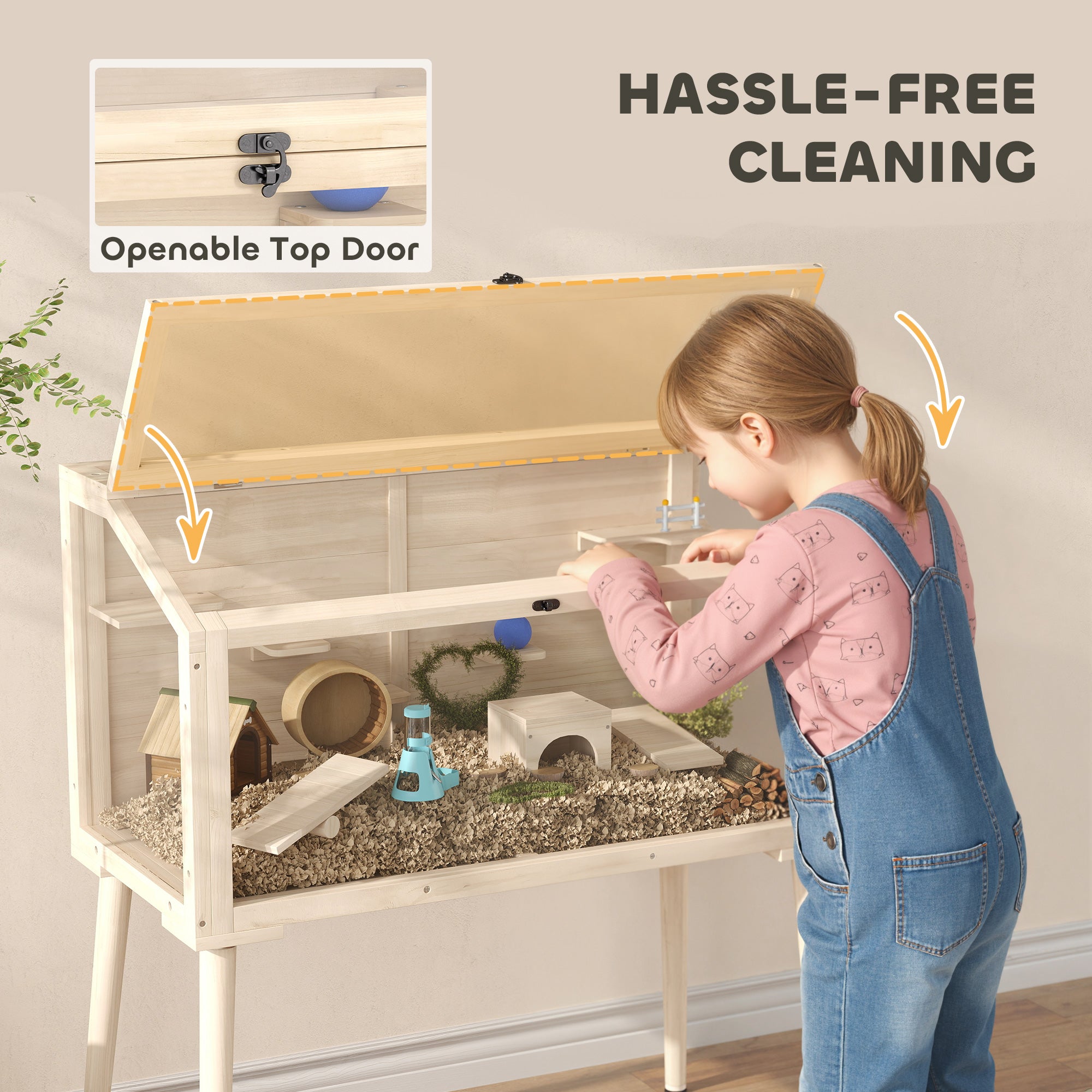 Wooden Hamster Cage, Hamster Habitat with Openable Top, Seesaws, Platforms, Water Bottle for Gerbils, 43.3"x20.5"x39.8"