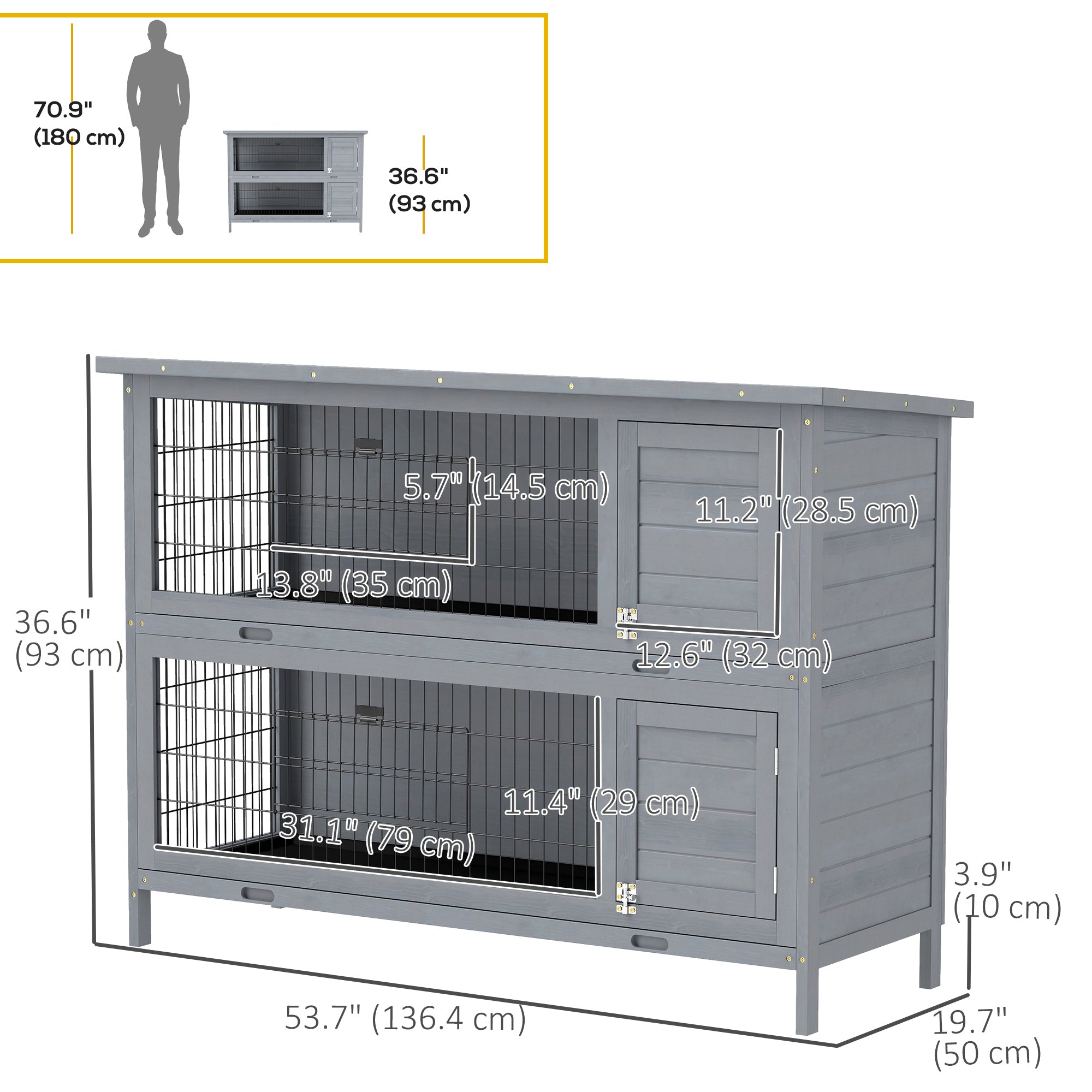 Clapier en bois à 2 niveaux pour lapins, maison pour animaux, enclos en bois avec parcours, gris