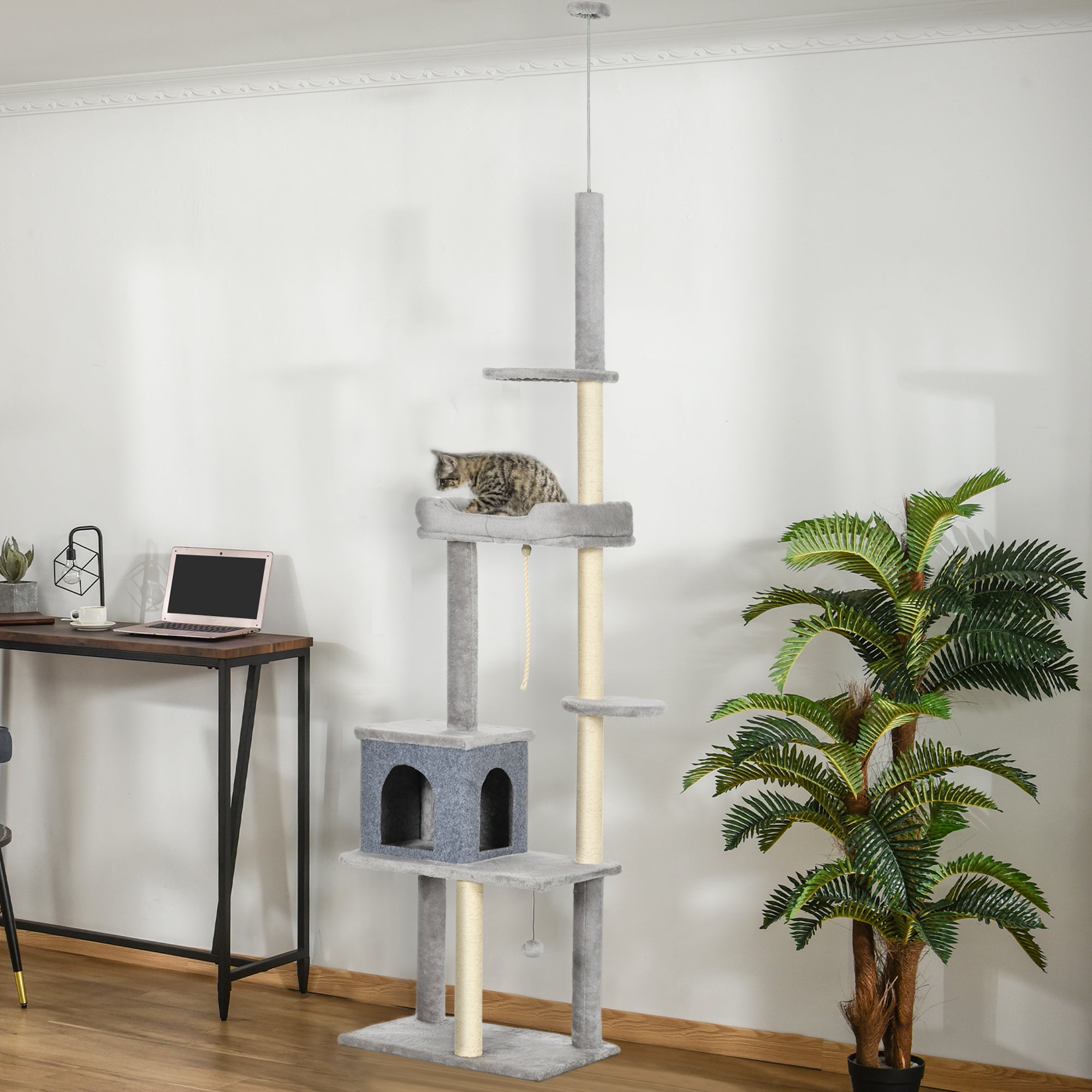 Cat Tree Floor to Ceiling Cat Tower Height Adjustable( 85-101 Inches), Tall Large Cat Climbing Activity Center with Scratching Posts Cat Condo Cozy Bed, Grey