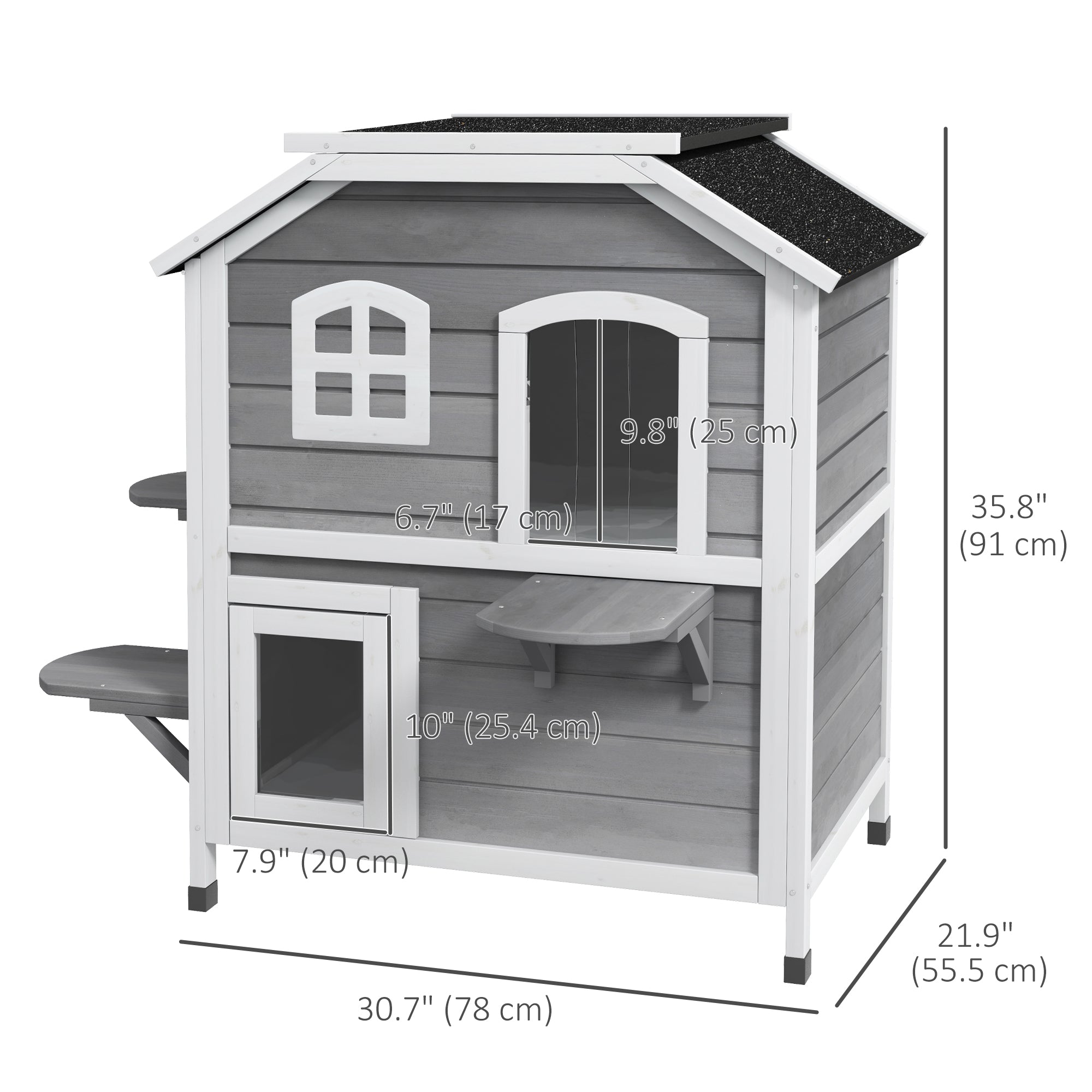 Maison pour chats d’extérieur à 2 étages, catio en bois avec toit ouvrant, espace détente, entrées amusantes, pour chats errants, gris