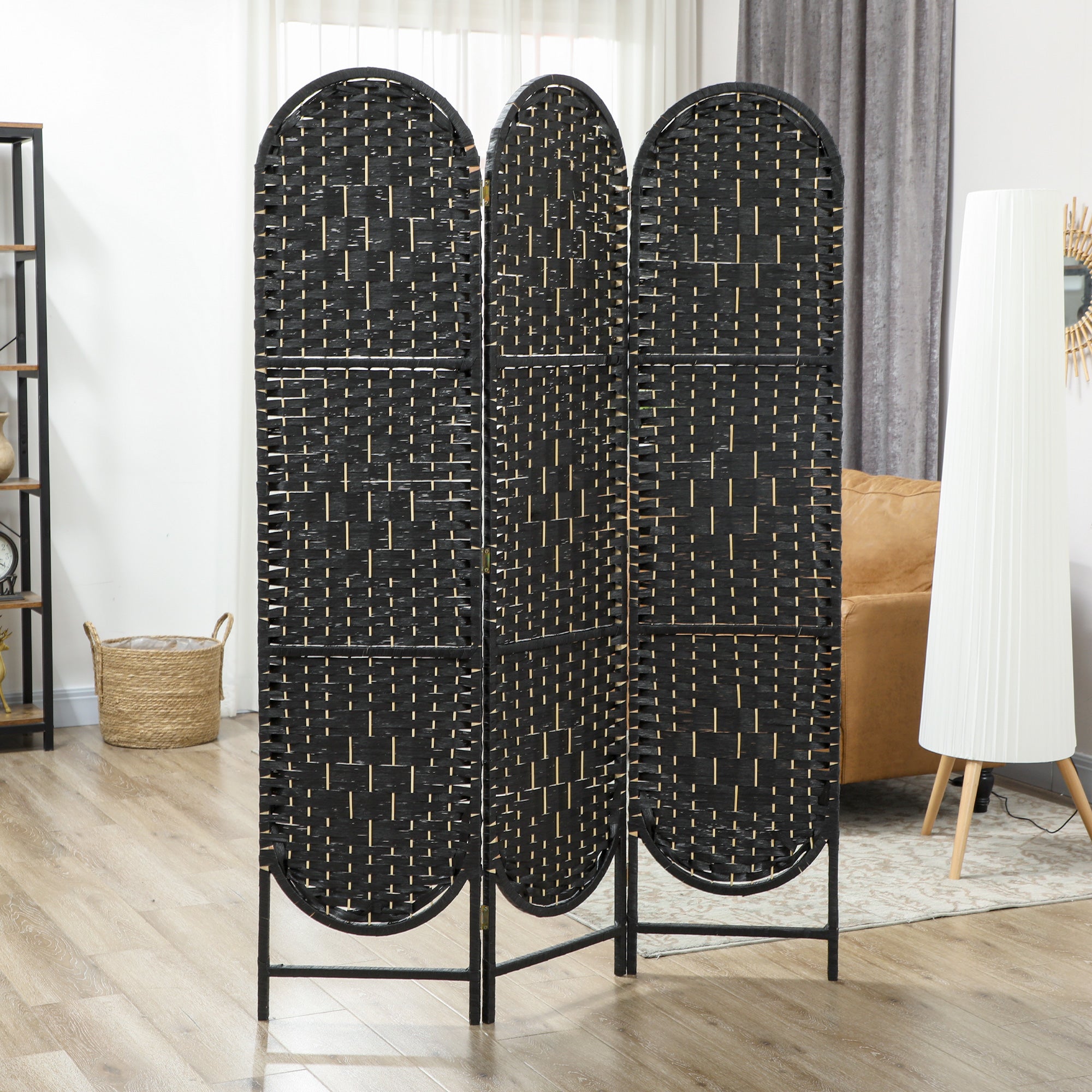 Paravent bohème, séparateur de pièce pliable à 3 panneaux avec partie supérieure cintrée pour chambre, salon ou bureau, noir