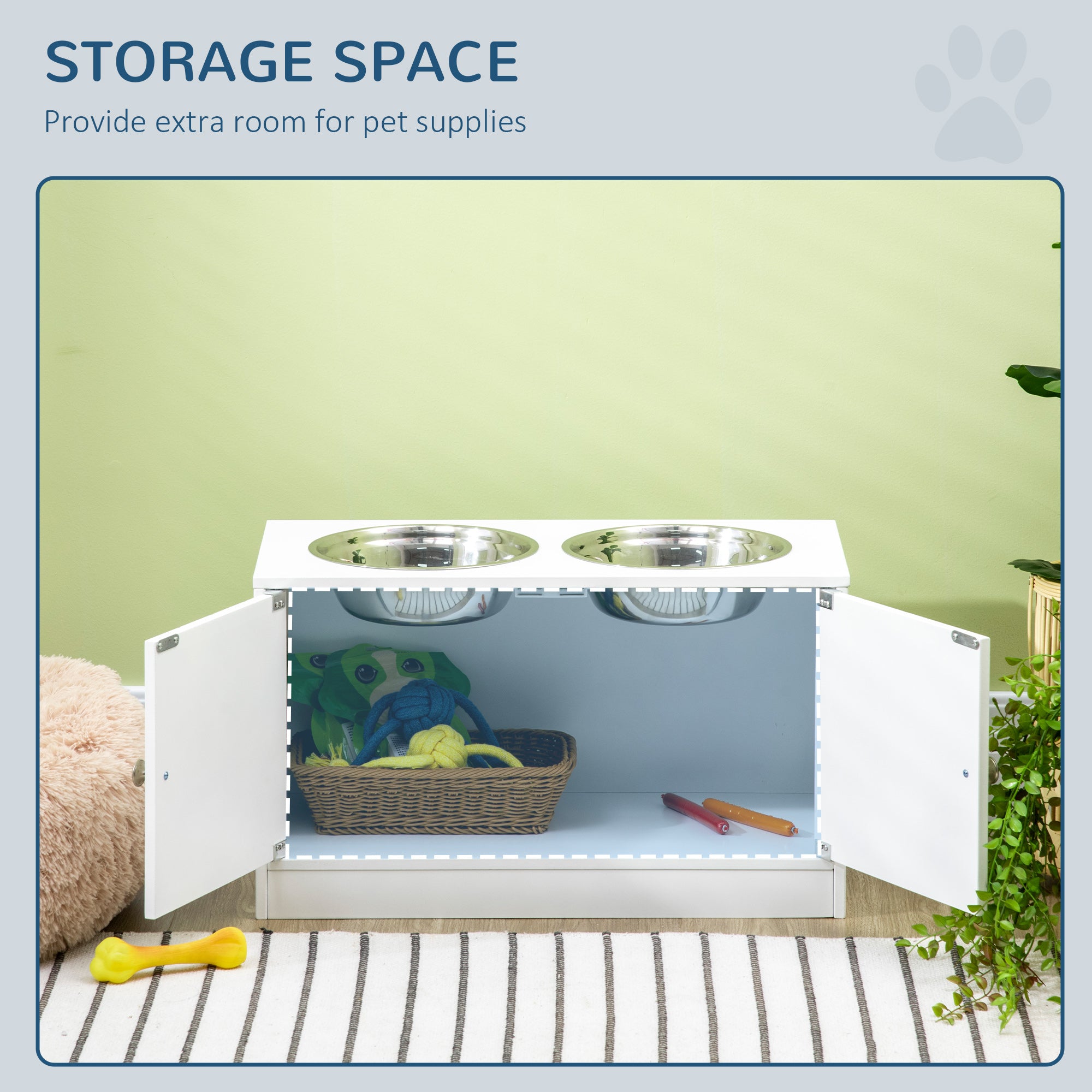 Gamelle surélevée pour grands chiens, station d’alimentation pour animaux avec support et rangement, 2 gamelles en acier inoxydable pour la nourriture et l’eau, blanche, 23.6" x 11.8" x 14"
