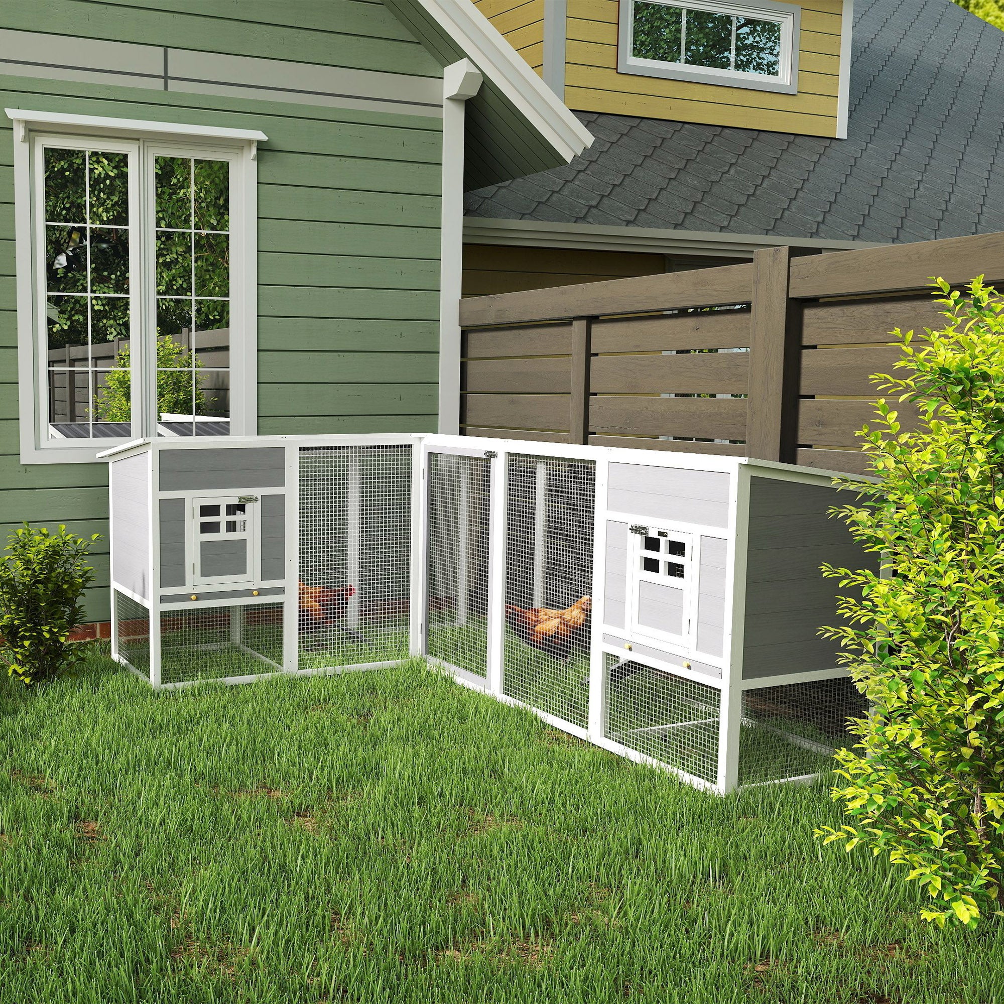 Chicken Coop with Run, L-Shaped Wooden Chicken House with 2 Houses, Outdoor Hen House with Waterproof Roof and Ramps