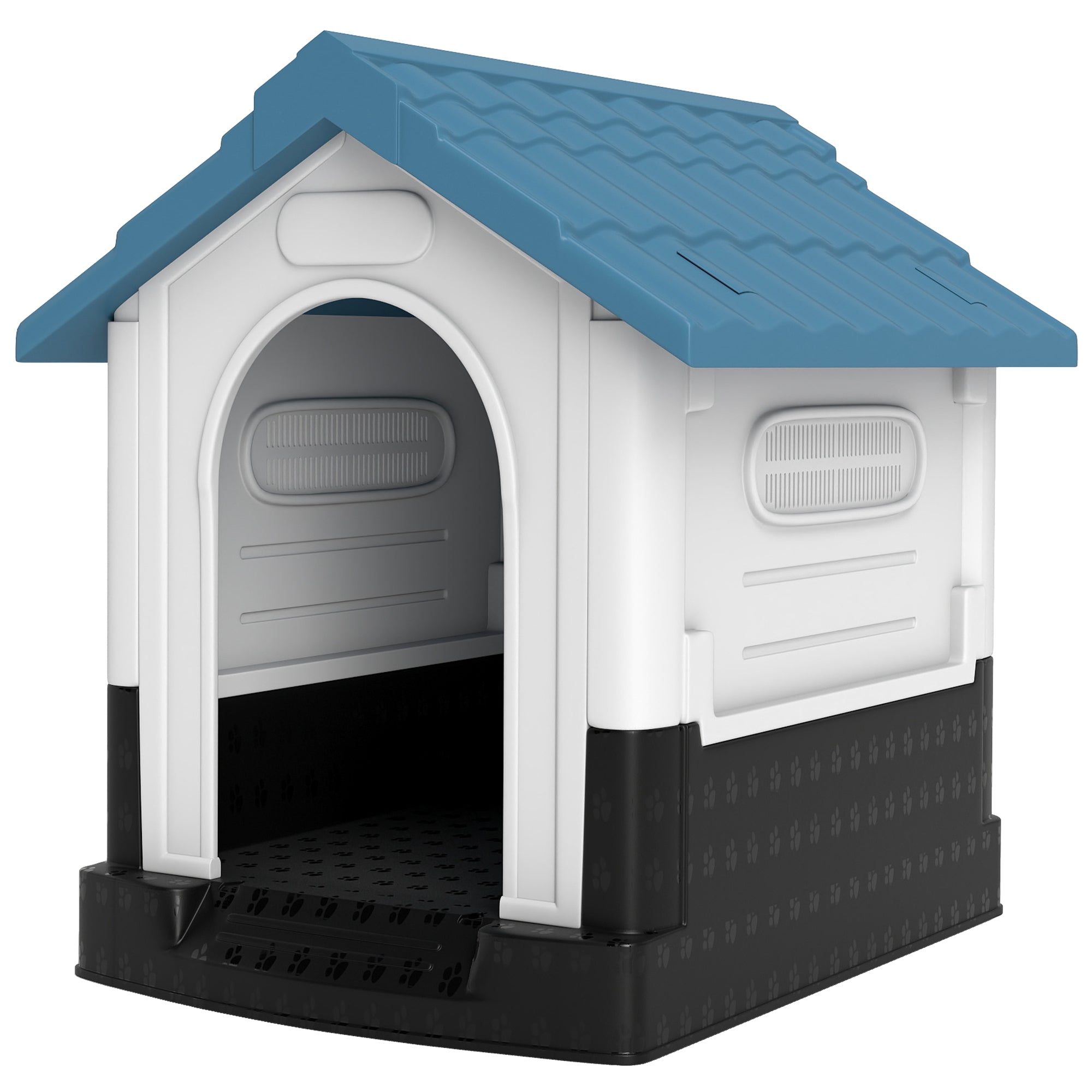Niche extérieure pour chien avec fenêtres et support de base, pour jardin ou patio, petits chiens, 64,5 x 57 x 66 cm, bleue