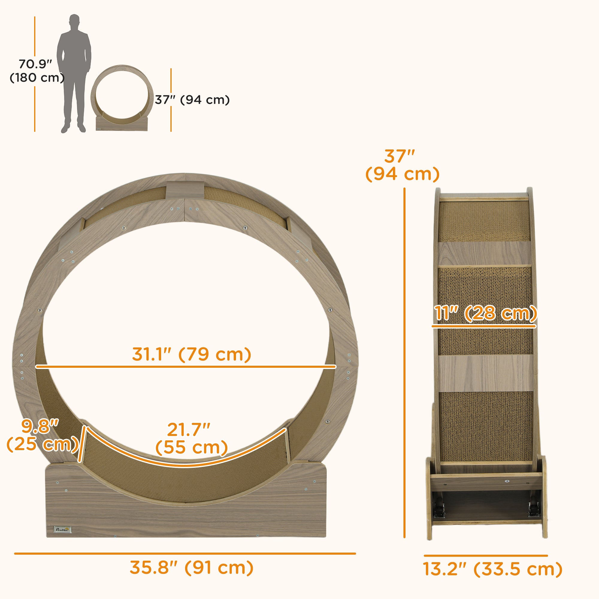 36" Cat Wheel for Indoor Cats with Brake, Scratching Pads, Walnut