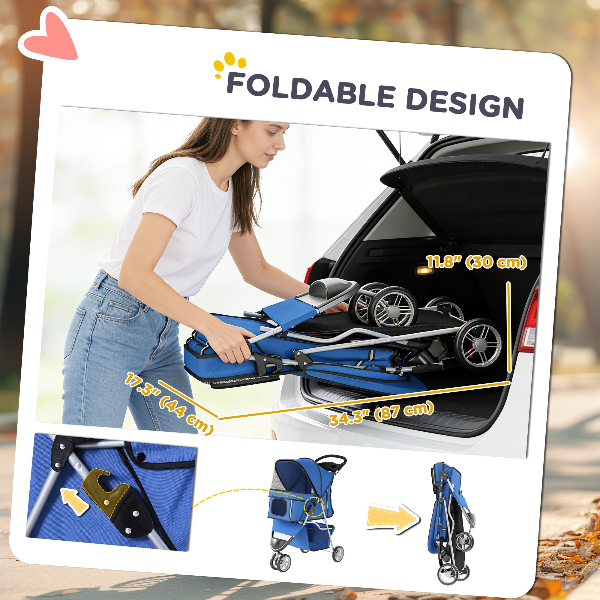 3 Wheels Foldable Dog Stroller with Storage Basket, Adjustable Canopy, Cupholder for Miniature and Small Dogs, Blue