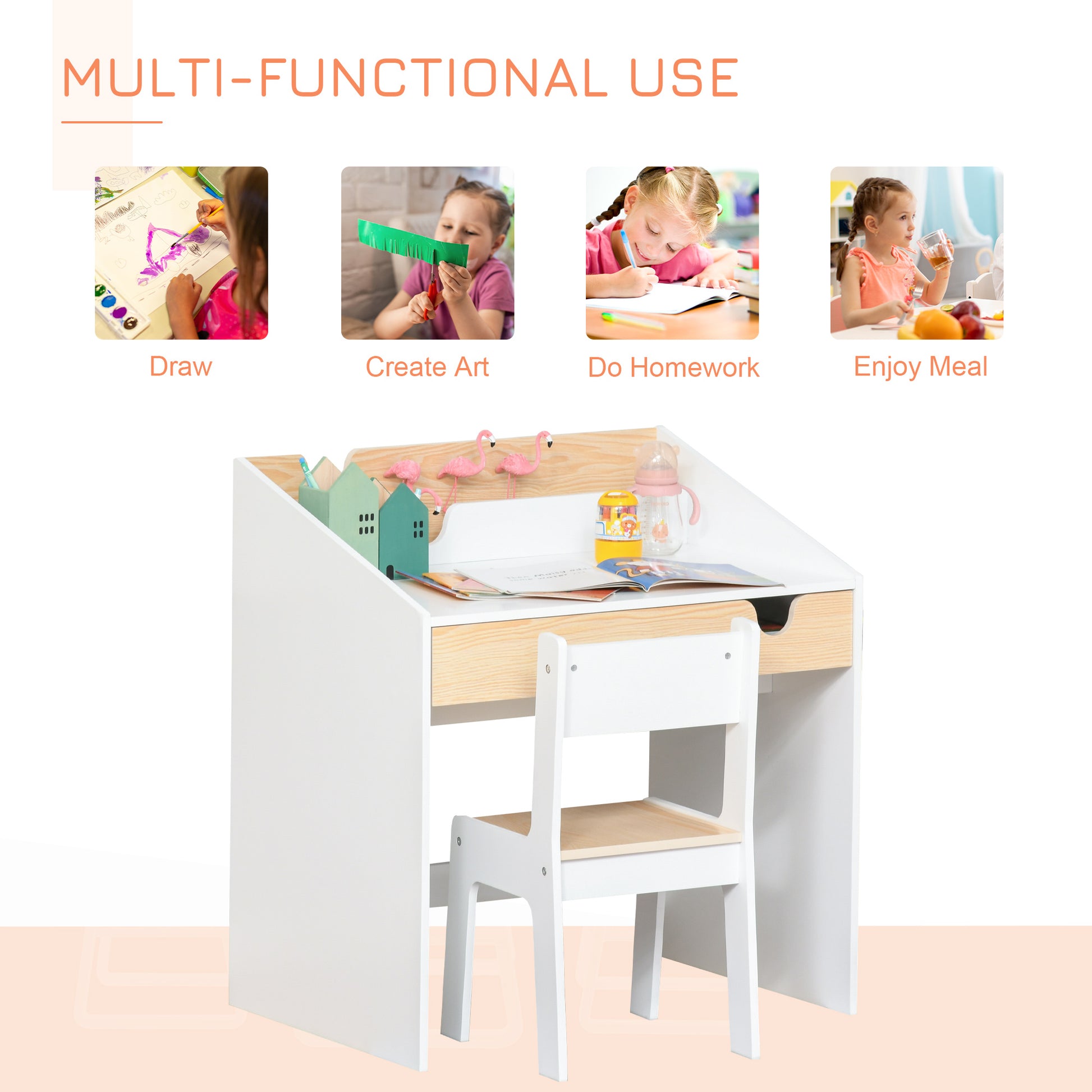 Qaba 2 Pieces Kids Desk and Chair Set with Storage Pull-Out Drawer for 6-10 Years, Writing, Reading, Drawing-Toys & Games > Toddler & Kids Furniture > Kids Desk Sets-DECOROLALA