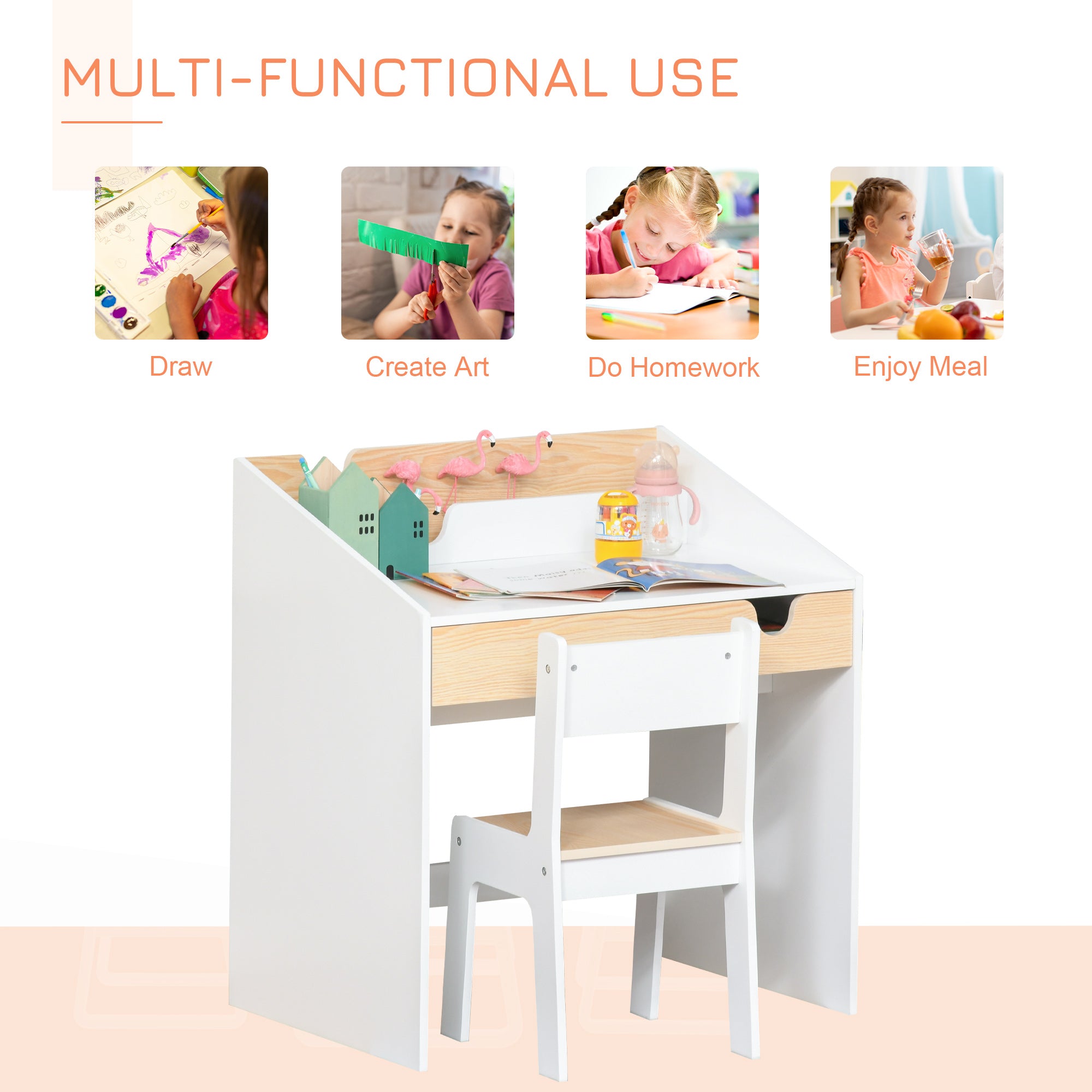 Qaba 2 Pieces Kids Desk and Chair Set with Storage Pull-Out Drawer for 6-10 Years, Writing, Reading, Drawing-Toys & Games > Toddler & Kids Furniture > Kids Desk Sets-DECOROLALA