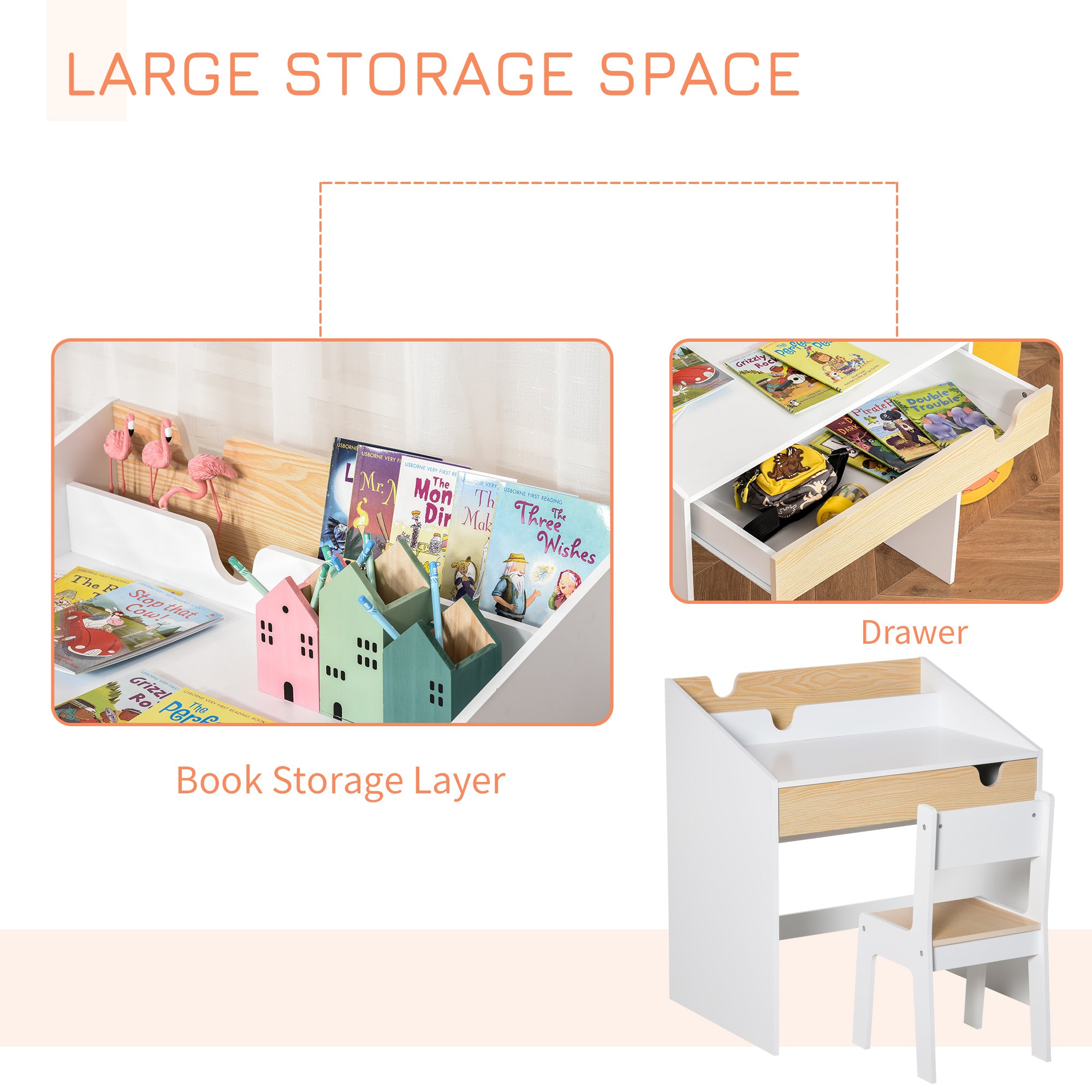 Qaba 2 Pieces Kids Desk and Chair Set with Storage Pull-Out Drawer for 6-10 Years, Writing, Reading, Drawing-Toys & Games > Toddler & Kids Furniture > Kids Desk Sets-DECOROLALA