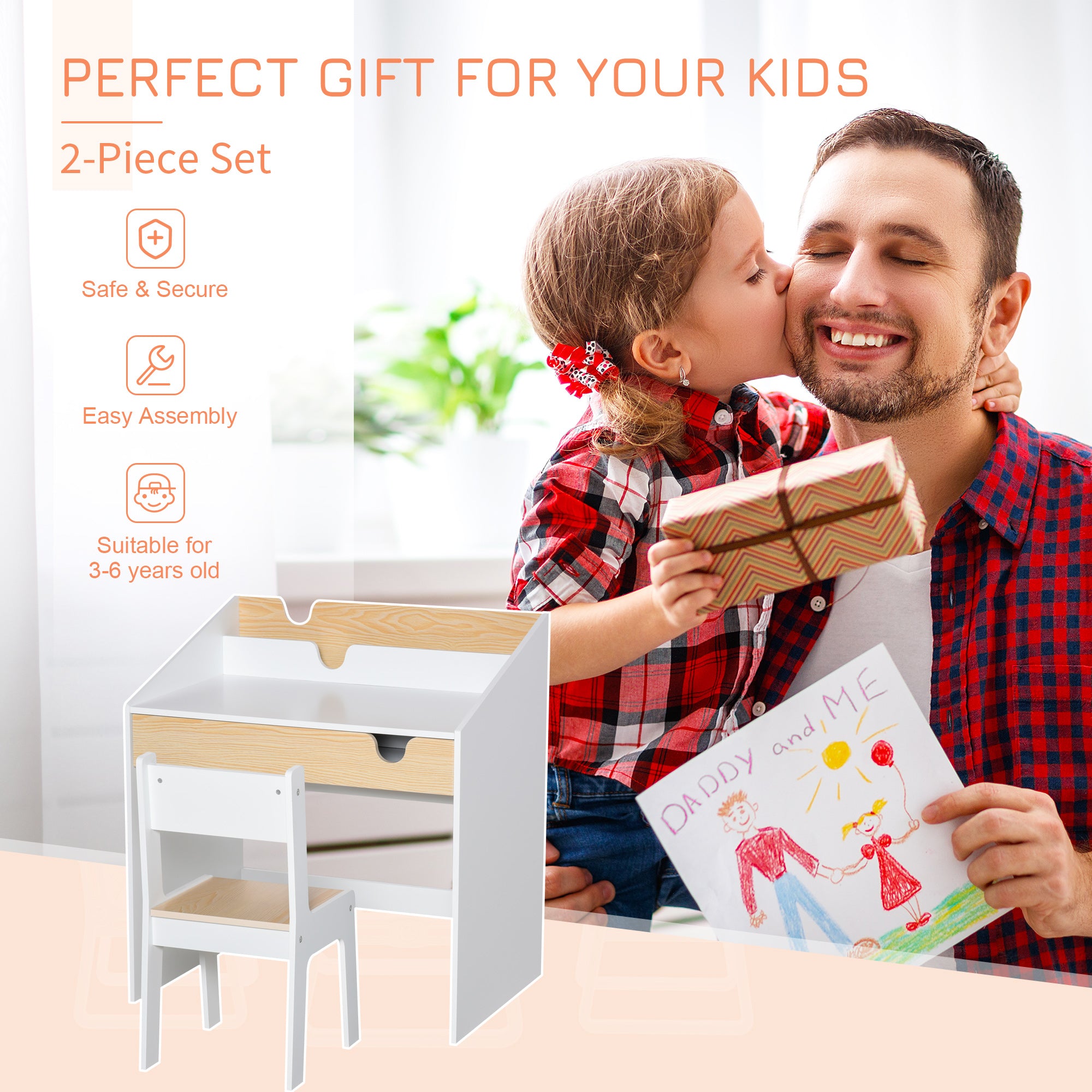 Qaba 2 Pieces Kids Desk and Chair Set with Storage Pull-Out Drawer for 6-10 Years, Writing, Reading, Drawing-Toys & Games > Toddler & Kids Furniture > Kids Desk Sets-DECOROLALA