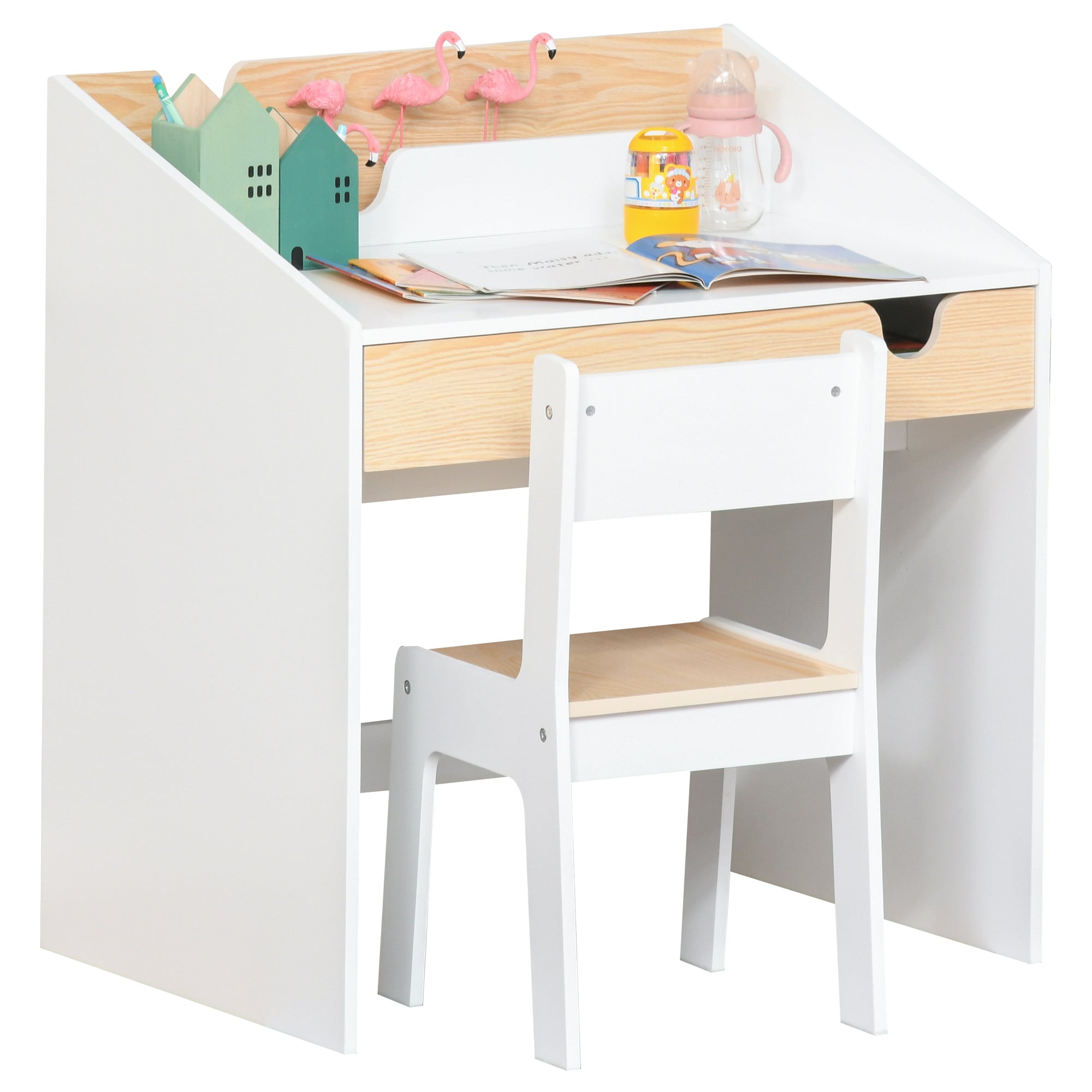 Qaba 2 Pieces Kids Desk and Chair Set with Storage Pull-Out Drawer for 6-10 Years, Writing, Reading, Drawing-Toys & Games > Toddler & Kids Furniture > Kids Desk Sets-DECOROLALA