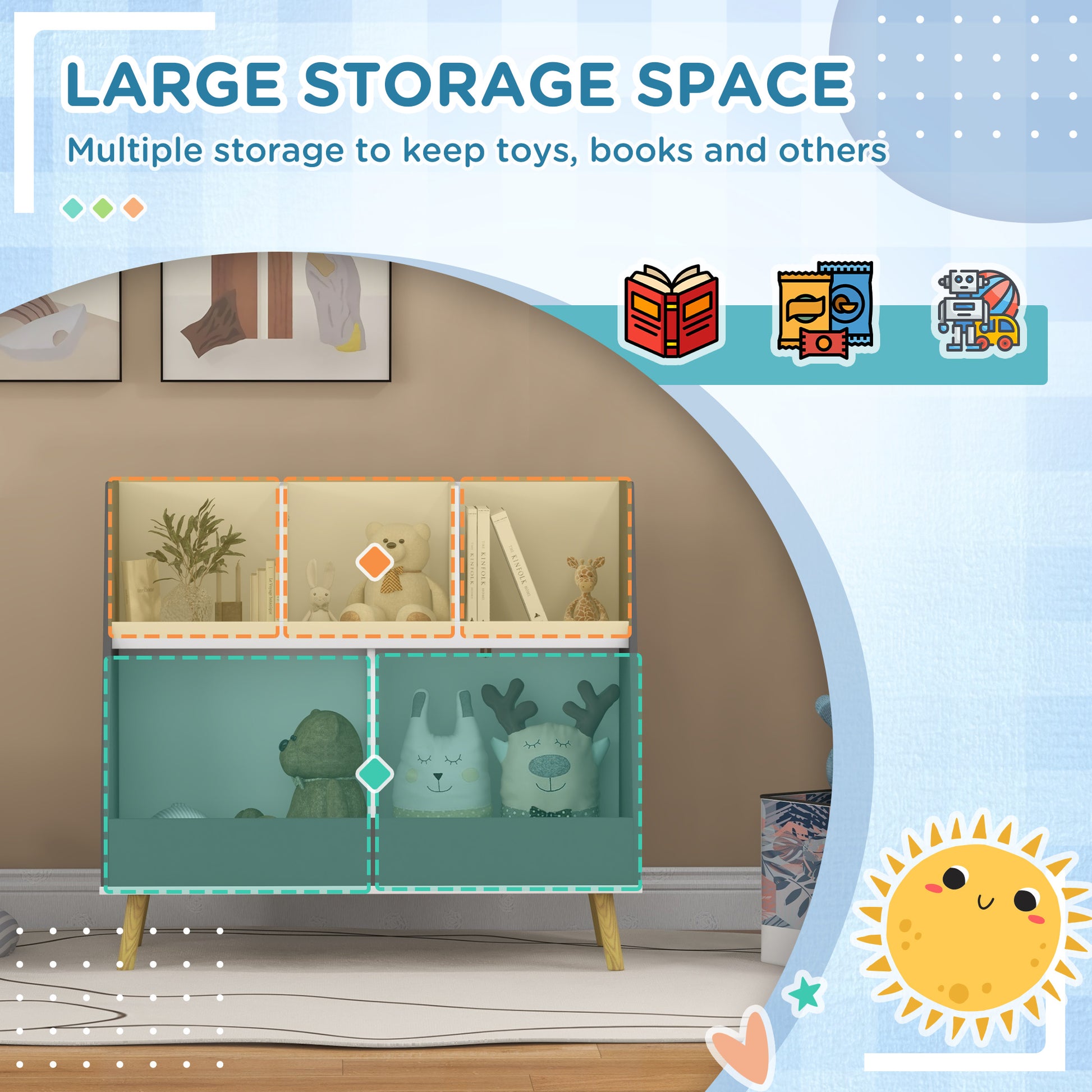 Qaba 2 Tier Kids Toy Storage Organizer with 5 Compartments, Anti-tip Device, for Nursery, Playroom, Grey-Toys & Games > Toddler & Kids Furniture > Baby & Kids Storage-DECOROLALA