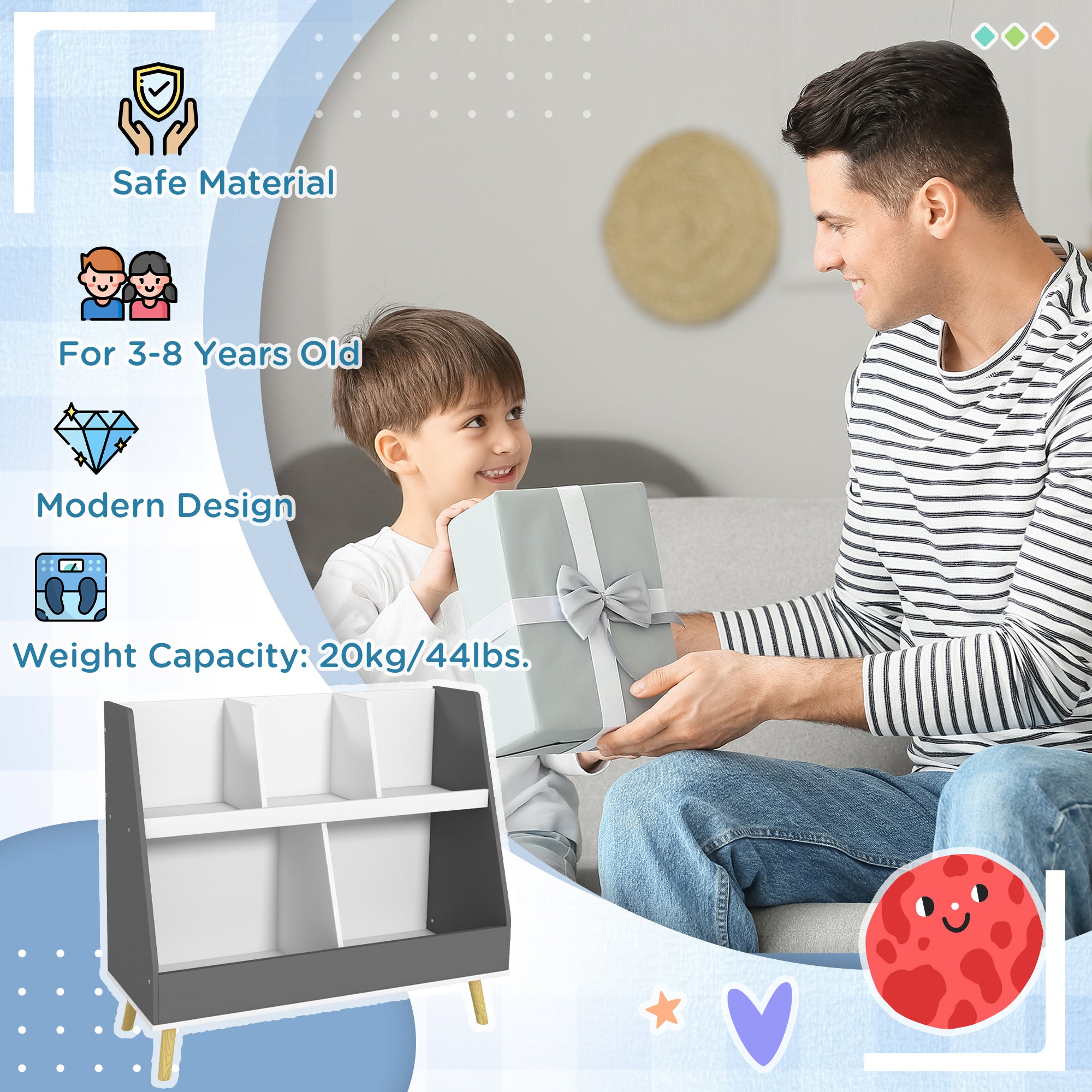 Qaba 2 Tier Kids Toy Storage Organizer with 5 Compartments, Anti-tip Device, for Nursery, Playroom, Grey-Toys & Games > Toddler & Kids Furniture > Baby & Kids Storage-DECOROLALA