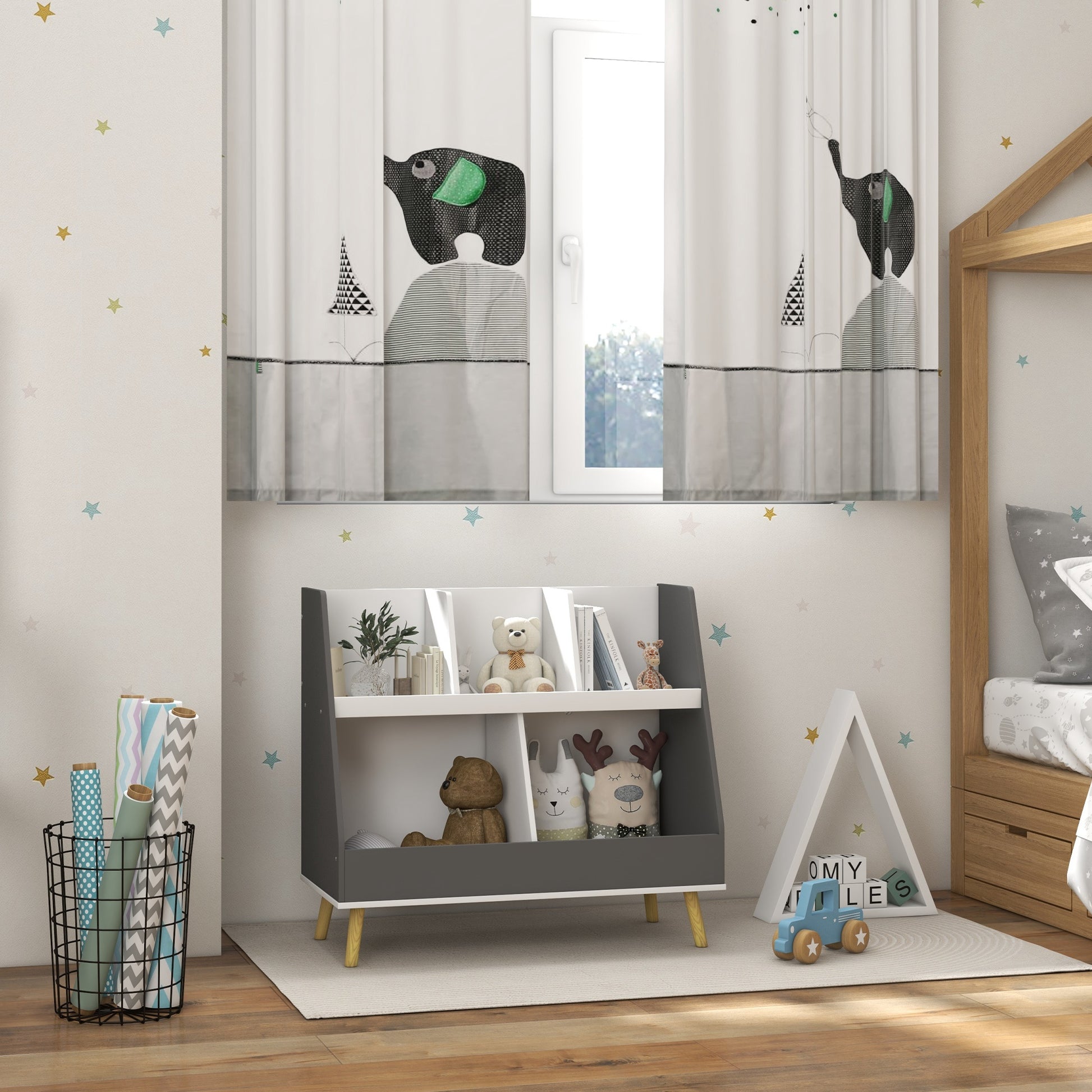 Qaba 2 Tier Kids Toy Storage Organizer with 5 Compartments, Anti-tip Device, for Nursery, Playroom, Grey-Toys & Games > Toddler & Kids Furniture > Baby & Kids Storage-DECOROLALA