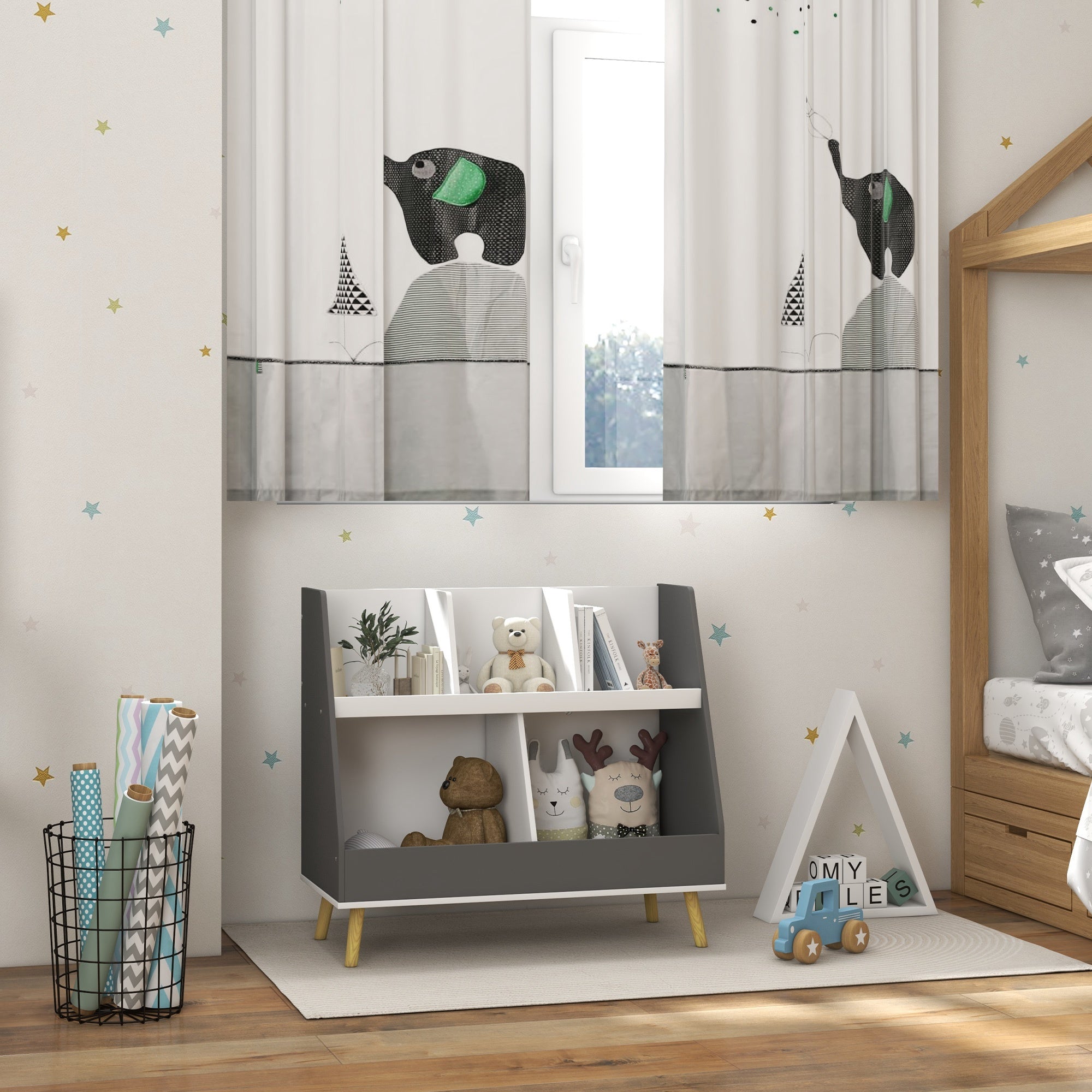 Qaba 2 Tier Kids Toy Storage Organizer with 5 Compartments, Anti-tip Device, for Nursery, Playroom, Grey-Toys & Games > Toddler & Kids Furniture > Baby & Kids Storage-DECOROLALA