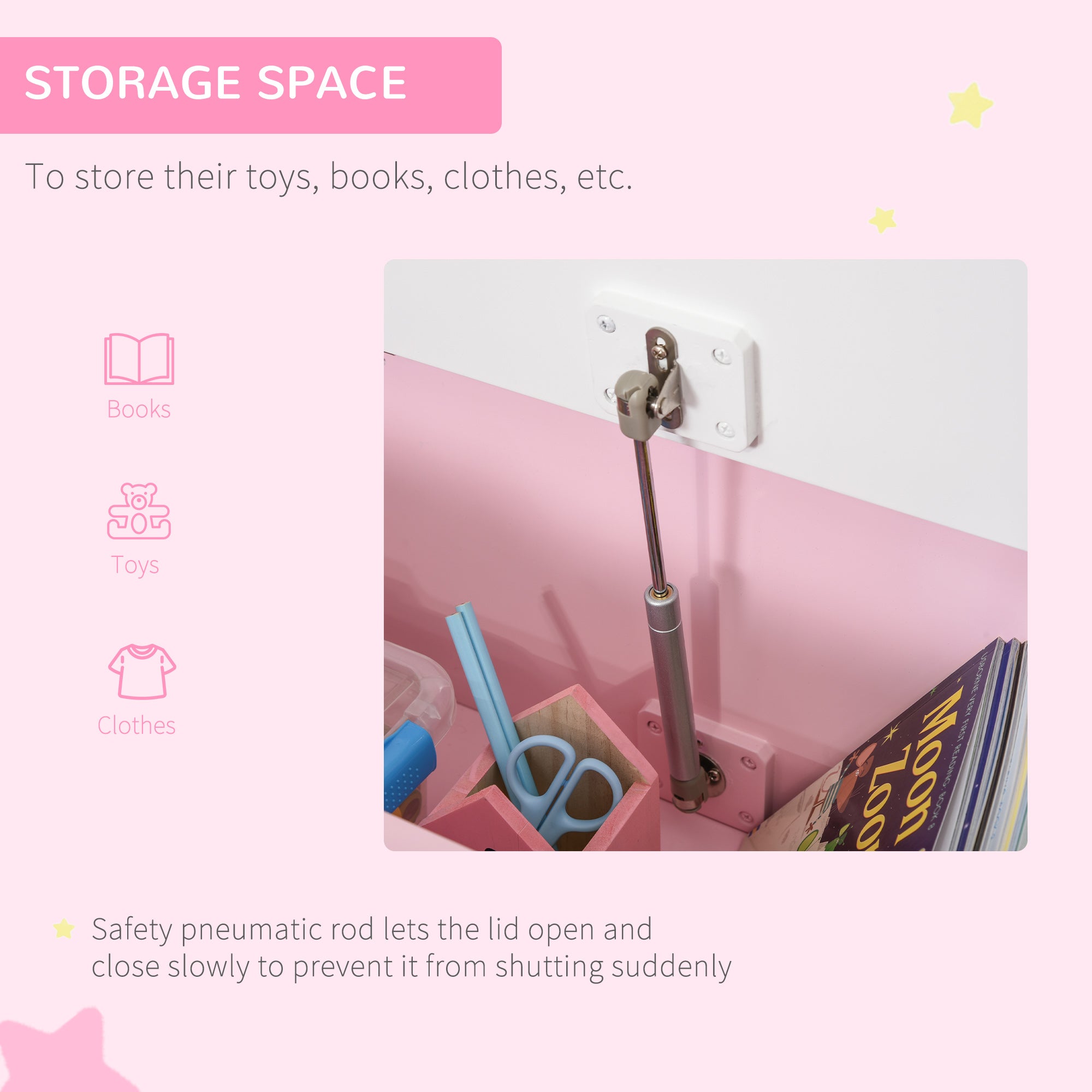 Qaba 2-in-1 Kids Toy Box Storage Organizer Chest Cabinet Chunk Cube with Safety Pneumatic Rod, Pink-Toys & Games > Toddler & Kids Furniture > Baby & Kids Storage-DECOROLALA