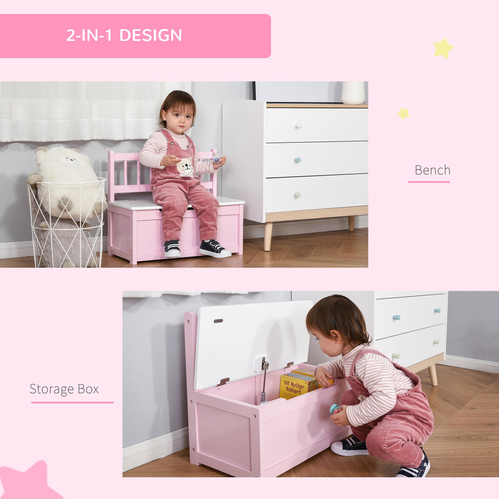 Qaba 2-in-1 Kids Toy Box Storage Organizer Chest Cabinet Chunk Cube with Safety Pneumatic Rod, Pink-Toys & Games > Toddler & Kids Furniture > Baby & Kids Storage-DECOROLALA