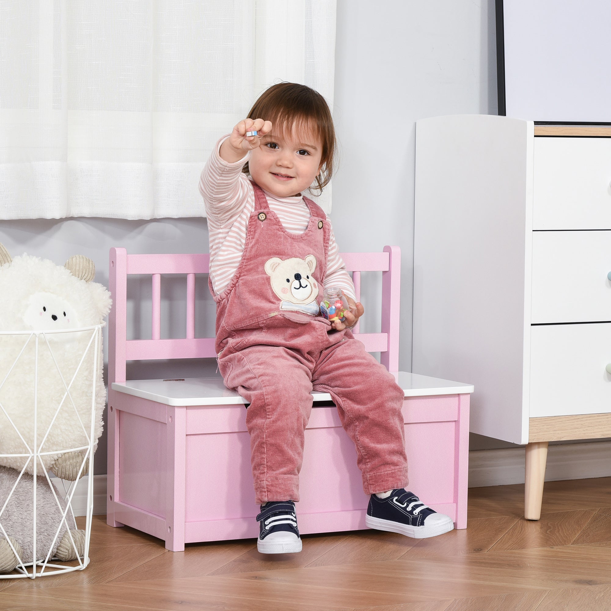 Qaba 2-in-1 Kids Toy Box Storage Organizer Chest Cabinet Chunk Cube with Safety Pneumatic Rod, Pink-Toys & Games > Toddler & Kids Furniture > Baby & Kids Storage-DECOROLALA