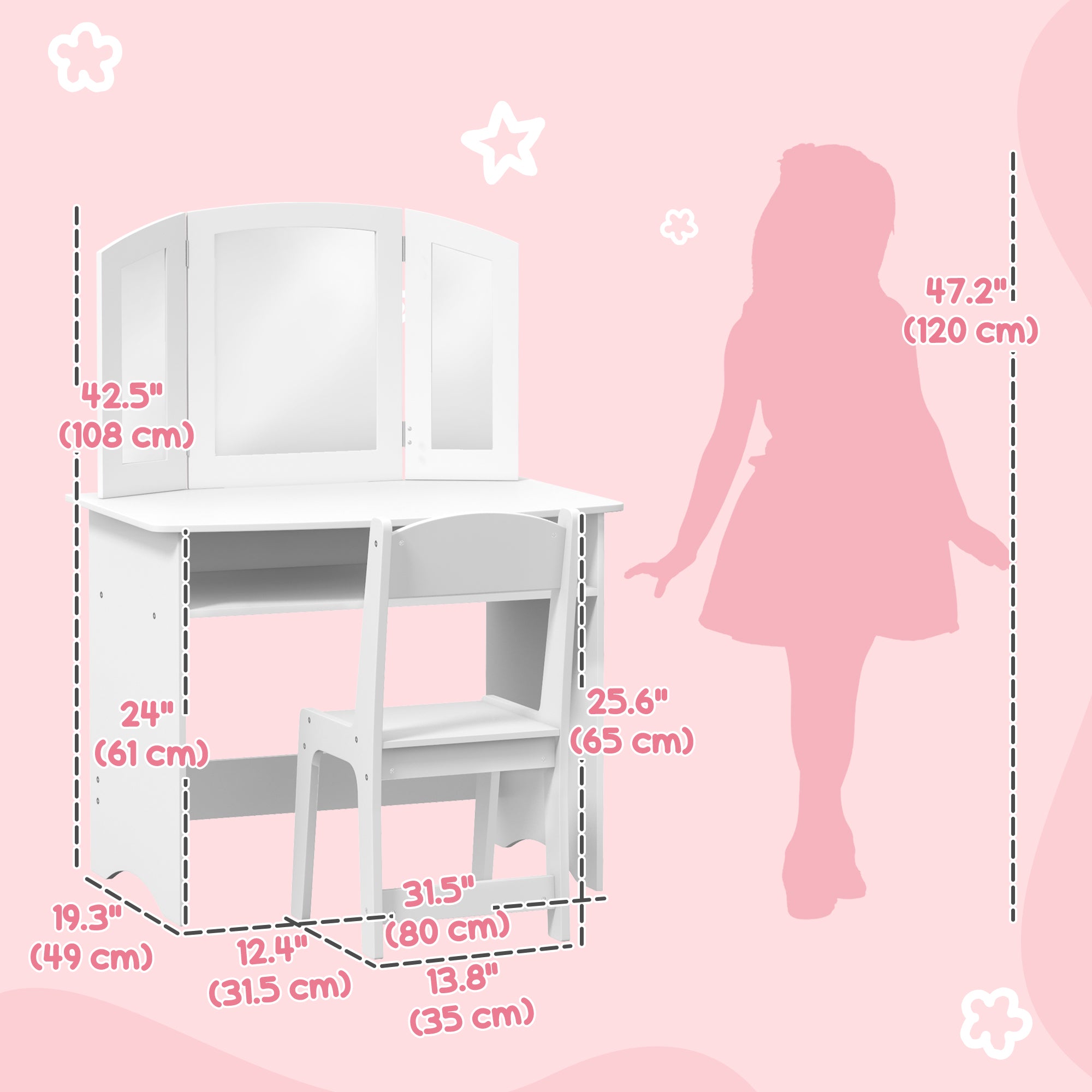 Qaba 2 in 1 Kids Vanity Set Makeup Dressing Table Pretend Play Set with Tri-Folding Mirror, Stool, Storage Shelf-Toys & Games > Toddler & Kids Furniture > Kids Bedroom Furniture-DECOROLALA