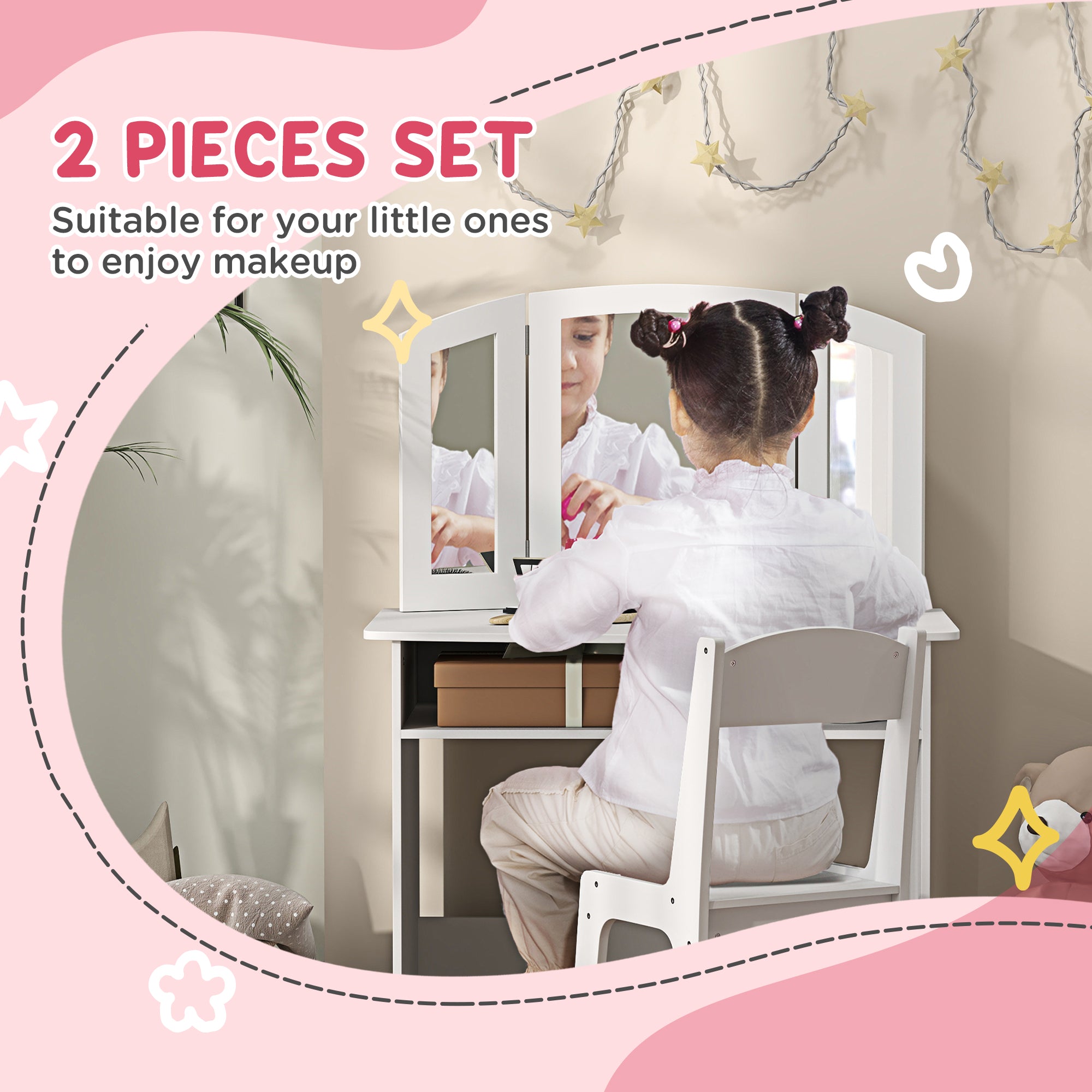 Qaba 2 in 1 Kids Vanity Set Makeup Dressing Table Pretend Play Set with Tri-Folding Mirror, Stool, Storage Shelf-Toys & Games > Toddler & Kids Furniture > Kids Bedroom Furniture-DECOROLALA