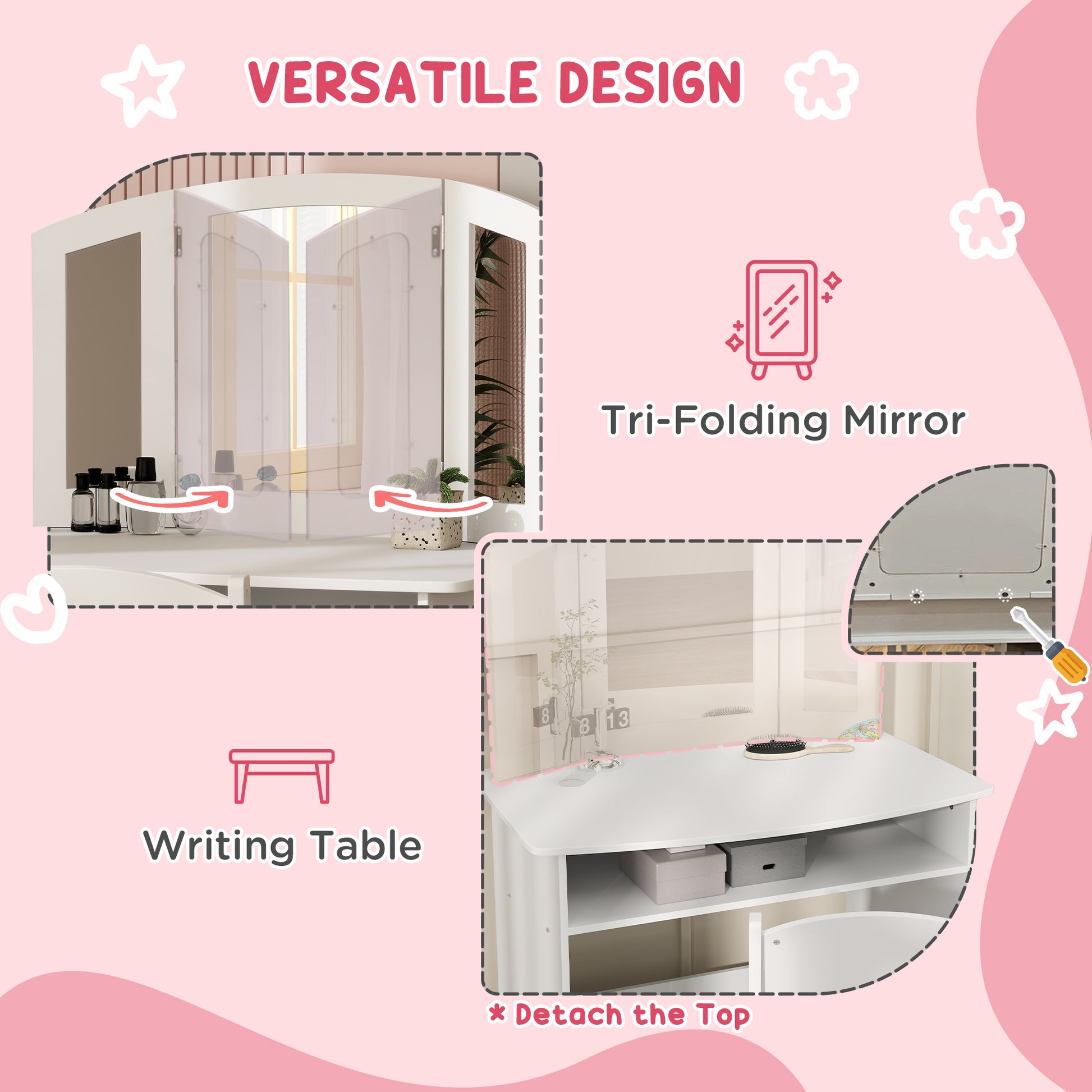 Qaba 2 in 1 Kids Vanity Set Makeup Dressing Table Pretend Play Set with Tri-Folding Mirror, Stool, Storage Shelf-Toys & Games > Toddler & Kids Furniture > Kids Bedroom Furniture-DECOROLALA