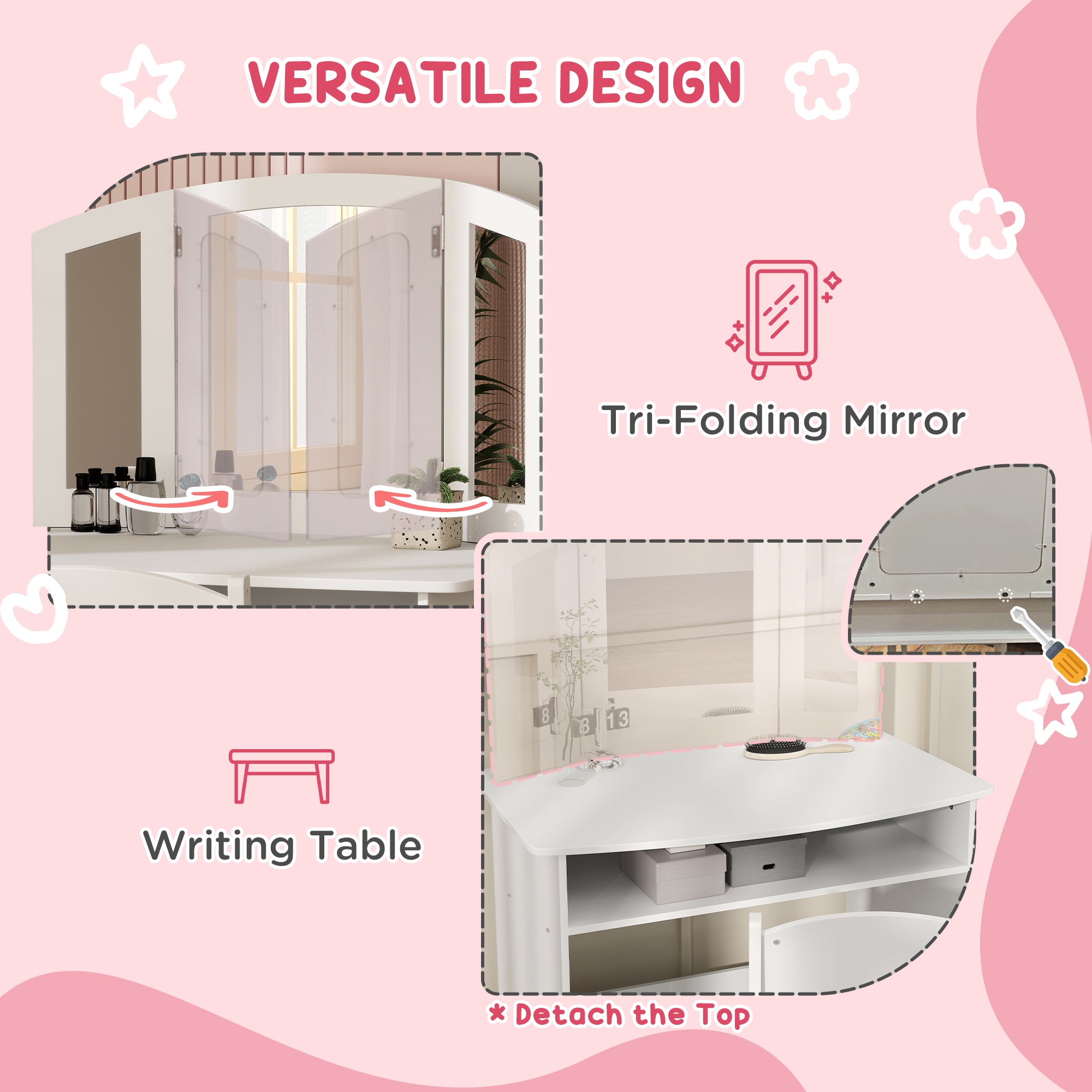 Qaba 2 in 1 Kids Vanity Set Makeup Dressing Table Pretend Play Set with Tri-Folding Mirror, Stool, Storage Shelf-Toys & Games > Toddler & Kids Furniture > Kids Bedroom Furniture-DECOROLALA