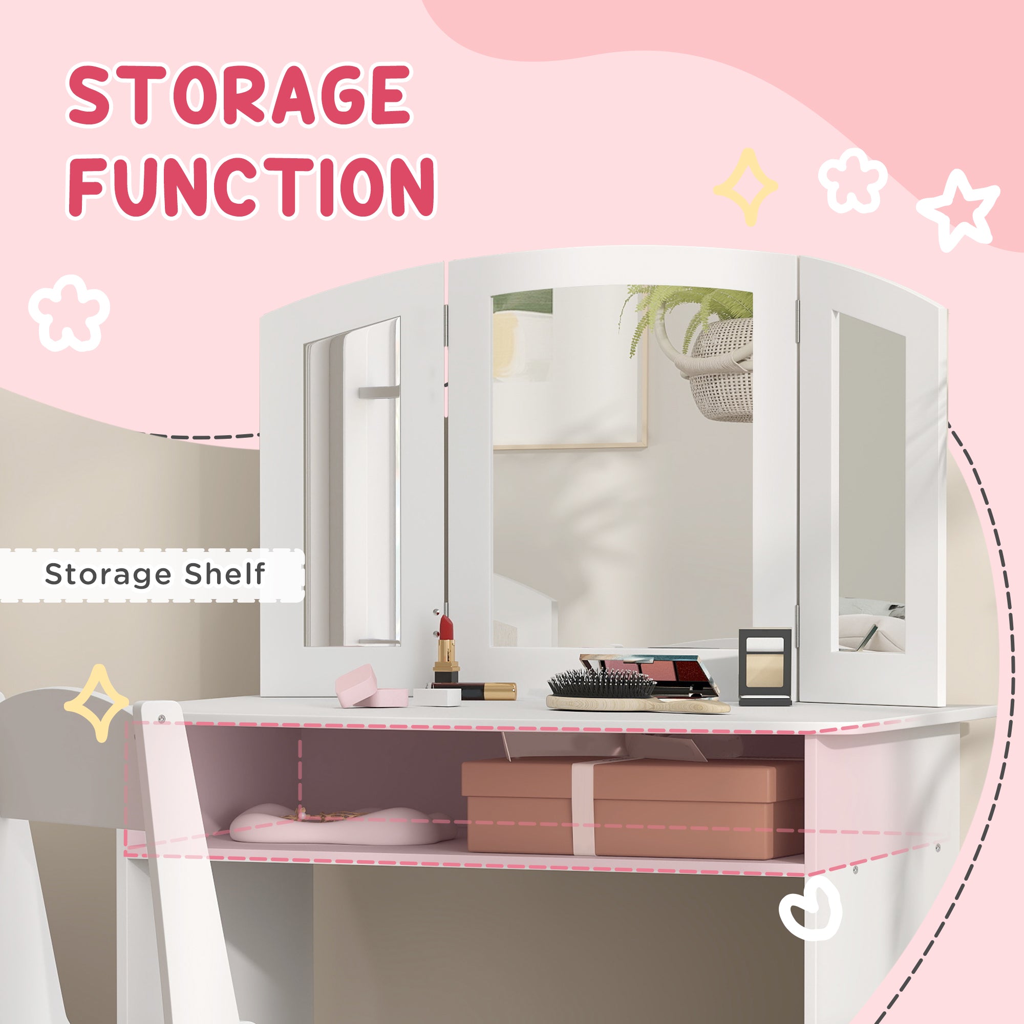 Qaba 2 in 1 Kids Vanity Set Makeup Dressing Table Pretend Play Set with Tri-Folding Mirror, Stool, Storage Shelf-Toys & Games > Toddler & Kids Furniture > Kids Bedroom Furniture-DECOROLALA