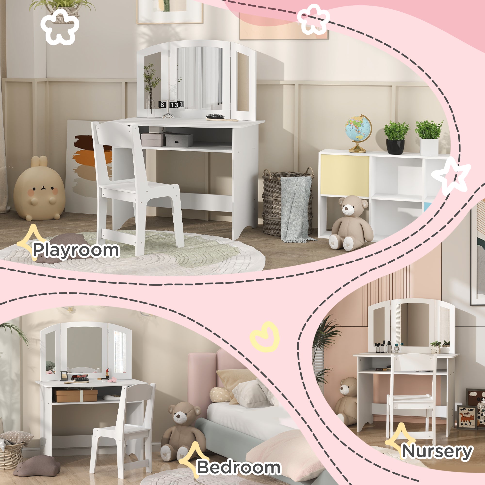 Qaba 2 in 1 Kids Vanity Set Makeup Dressing Table Pretend Play Set with Tri-Folding Mirror, Stool, Storage Shelf-Toys & Games > Toddler & Kids Furniture > Kids Bedroom Furniture-DECOROLALA