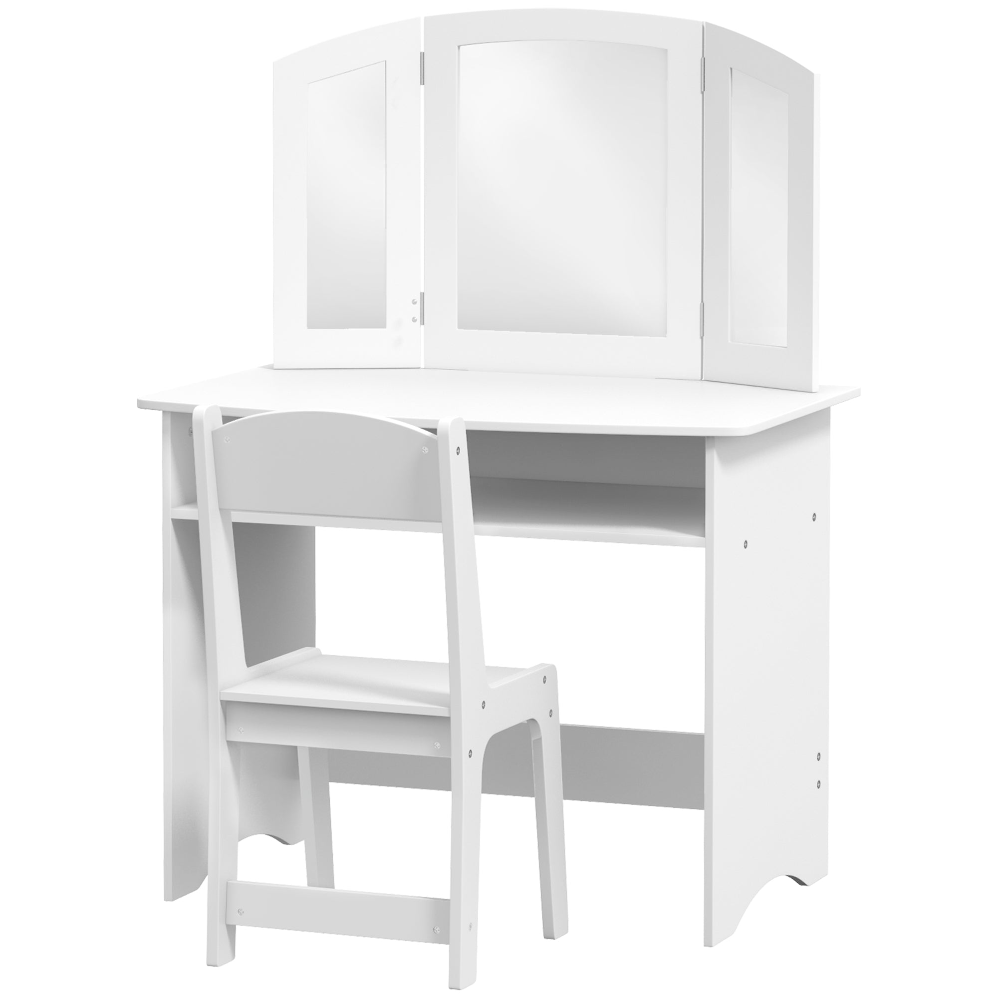 Qaba 2 in 1 Kids Vanity Set Makeup Dressing Table Pretend Play Set with Tri-Folding Mirror, Stool, Storage Shelf-Toys & Games > Toddler & Kids Furniture > Kids Bedroom Furniture-DECOROLALA